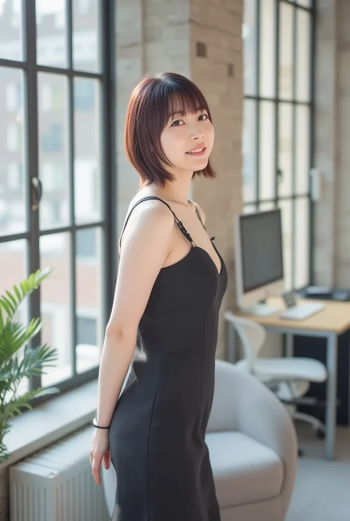 (8k, RAW Photos, highest quality, Tabletop: 1.45), (Realistic, PhotoRealistic: 1.37), one girl, cute, smile, Daytime, Professional Lighting,【OL　Thighs】 office lady　Mini tight skirt　Sit on a chair,Healthy thighs、Bob Hair、Realistic background and accessories、30 year old married woman、　View from the front、Even bangs、 Very beautiful face, Beautiful girls, Beautiful realistic face