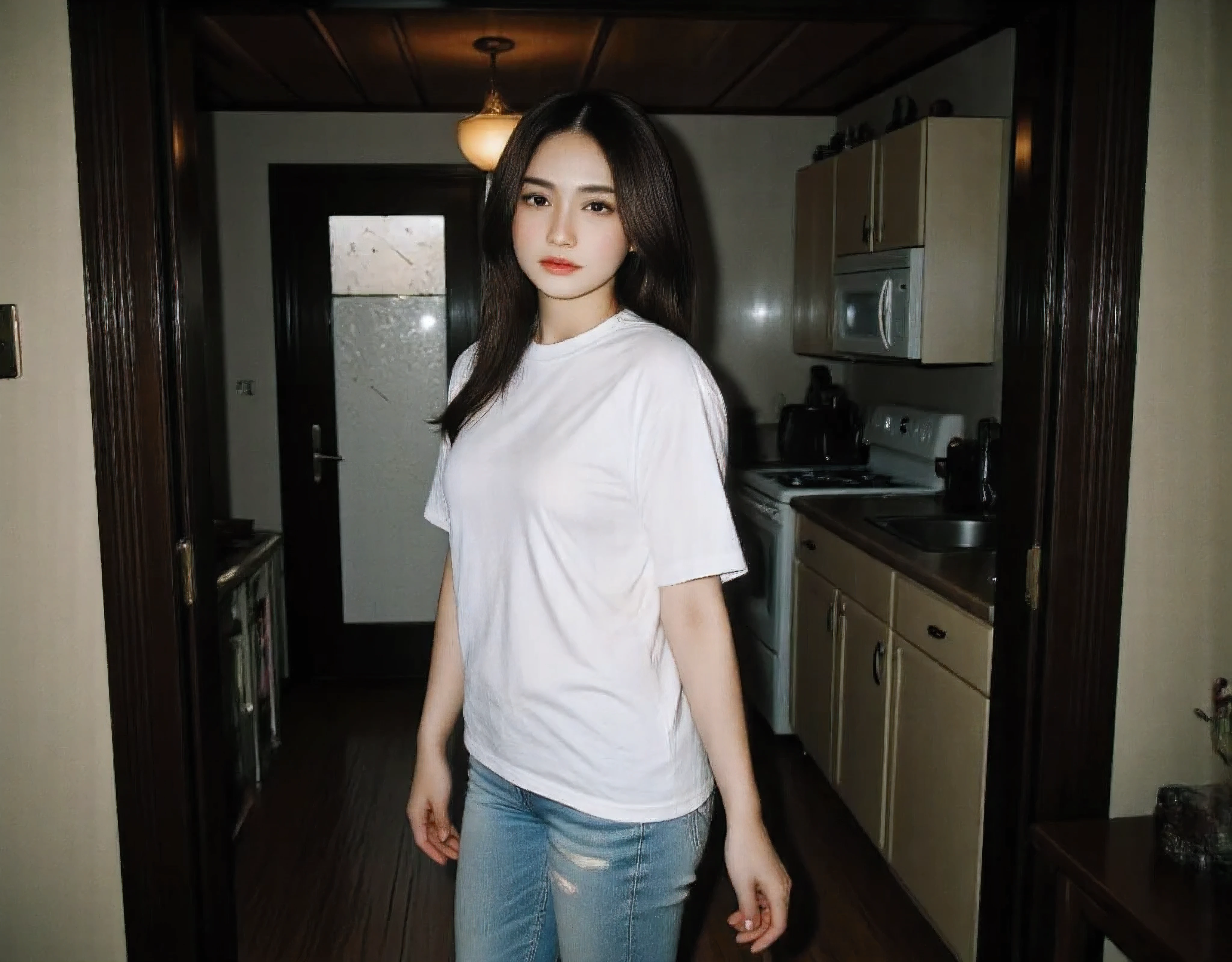 {(no bra, braless)} Taken from a Leica m9 50mm 1.2, lowlight photography, At the house, seductive small smile, My Sweet adorable innocent and sexy mommy is standing in the doorway from the cluttered but homey and cozy countryside kitchen looking at me in pleasant surprise as she comes in, sexy and voluptuous 30-year-old goth milf in loose white oversized comfy t-shirt tucked into her ripped jeans, 1girl Cozy bedroom , 4kPhoto_PDXL Photorealistic, 30 years old , Filipina-korean goth girl brown skinned pacific islander Spanish mix girl, high resolution, life-like details, Freckles, moles, simple and elegant demeanor, lovely and ethereal face, Photorealistic and life-like skin texture, , My Sweet adorable innocent and sexy mommy is standing in the doorway looking at me in surprise as she comes in, sexy and voluptuous 30-year-old goth milf in loose oversized t-shirt , 1girl, realistic,life-like skin texture,symmetrical,aesthetically pleasing,cinematic composition,detailed portrait,photorealistic,masterpiece,ultra-detailed,sharp focus,physically-based rendering,extreme detail description,professional,vivid colors,high resolution,4K,studio lighting,dramatic lighting,dramatic shadows,dramatic atmosphere,dramatic background,dramatic pose,cinematic framing,cinematic lighting,cinematic camera angle,cinematic depth of field,moody,dark,chiaroscuro,dramatic color palette,dark and moody,dramatic colors,
