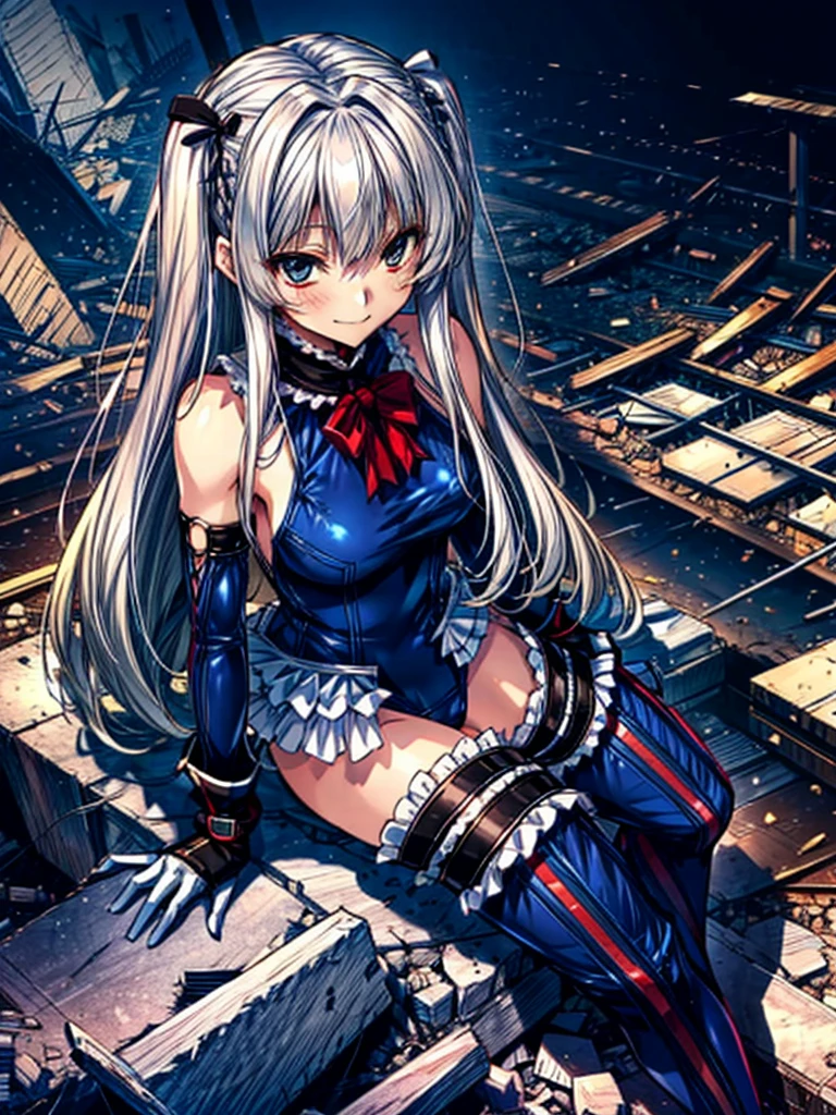 4K、Perfect Anatomy、Highest quality、rose、Wicked Smile、Provocative attitude
、(Two girls greet dawn on a pile of rubble:1.1)、Wicked Smile、Anime Style、(White ruffled swimsuit、Knee socks、Sleeveless)、(Anime Style:1.4)、
Silver Hair、(White fingers:1.1、Black gloves)、Very long hair、Evil Aura、(From below:1.4)、
Hollow Eyes、whole body