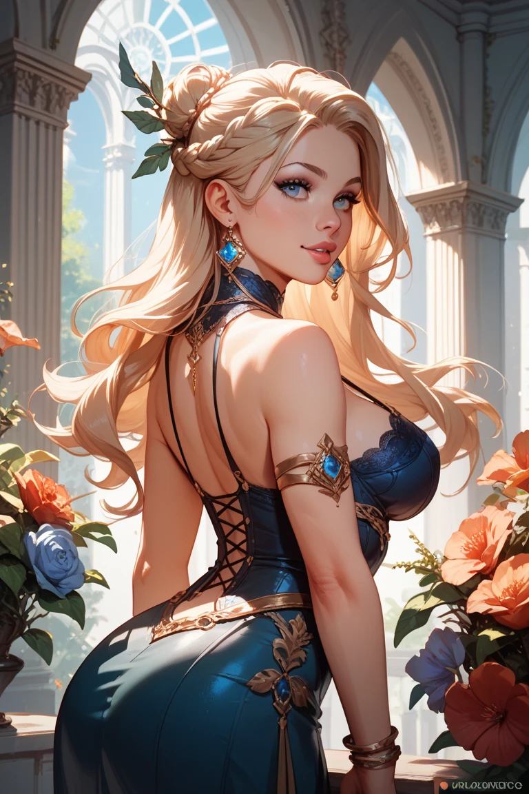 (((Blonde stunning hair))), (blue eyes), blue necklace, Golden earrings, Fit, Gorgeous Body, gorgeous, brown eyebrows, (two moles over lip), big pupils, (23 years old), 1girl,solo, complex skin, warm light, (large breasts), wide thighs, round butt, 5 fingers, ((blushing)), ((detailed face, best quality)),(beautiful detailed eyes), red lip, eyeshadow, beautiful face, long hair, very detailed eyes, intricate details in eyes, perfect lips, good lighting, ((masterpiece, Best quality, a high resolution, ultra detailed),(beautiful and aesthetically pleasing:1.2, show most body), 1 woman, high short ponytail, Beautiful, Detailed eyes and face, hot short shirt, Converse sneakers, golden hour, Field of Flowers, complex parts