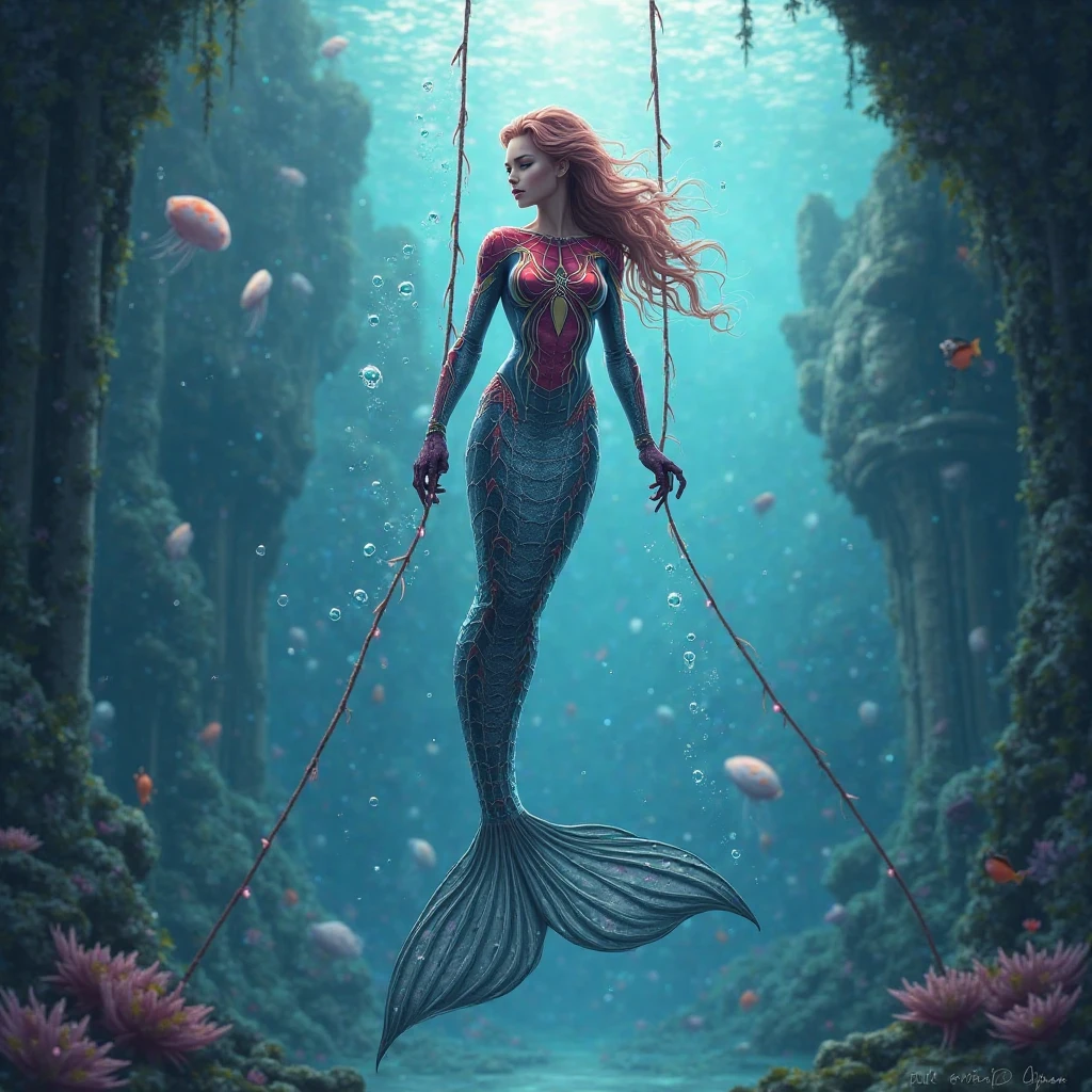 a woman cradling a snake in the water, in the style of fantasy creatures, light red and light blue, james paick, dinopunk, quiet moments captured in paint, raphael lacoste, realistic hyper-detail