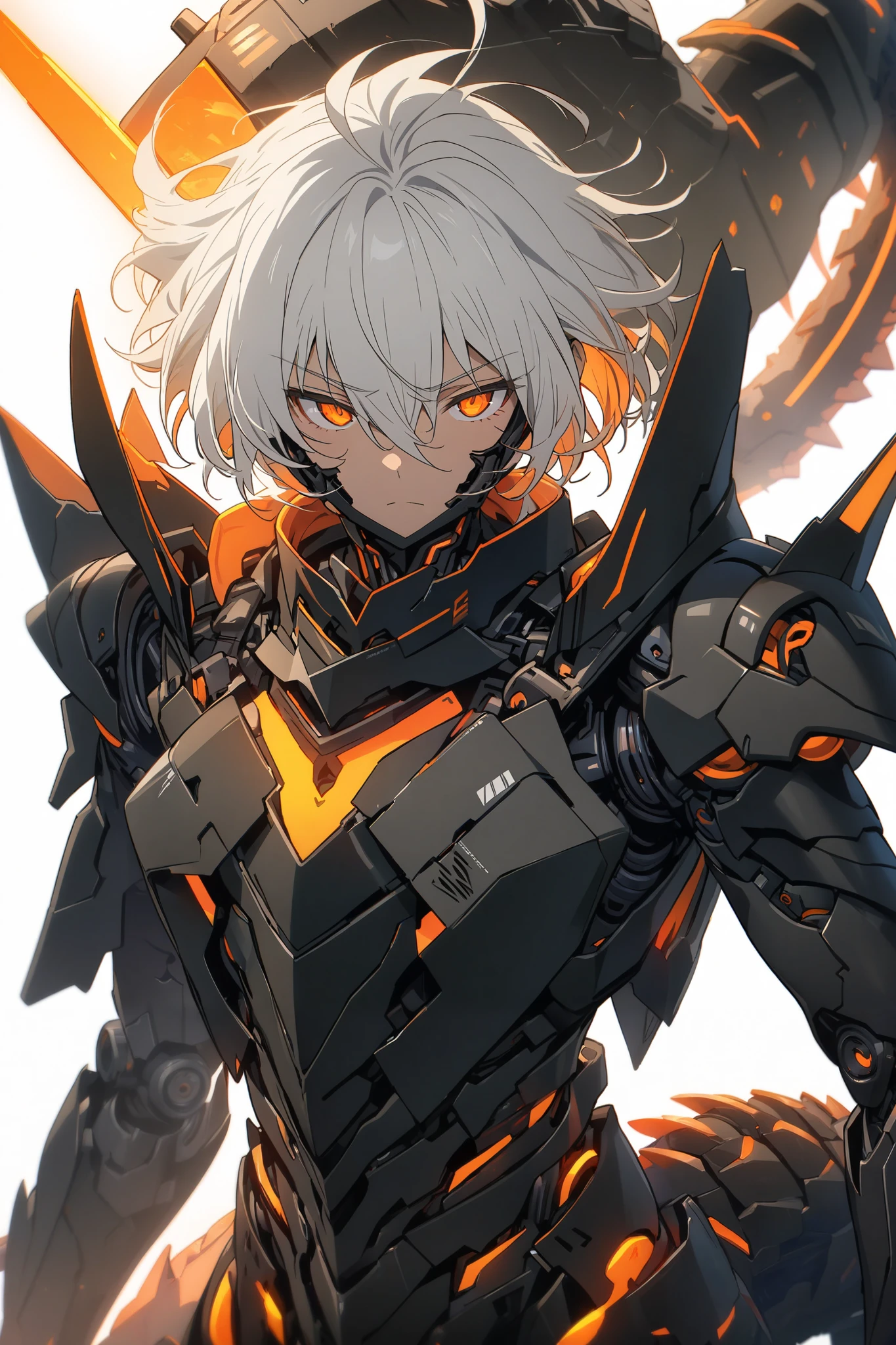 [(WHITE BACKGROUND:1.5),::5], ((masterpiece)), high quality, ultra very high resolution, full color, ((solo)), (boy), Black cyborg armor, (assassin armor), ((mechanical tail)), ((men's White hair)), (Orange eyes), anime, (upper body), Orange neon light,