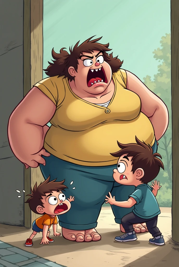 Make and image of an elevator with bad lighting and dirty walls where there is 12 year old boy and a fat lady inside it
And make it cartonish and the lady more fat