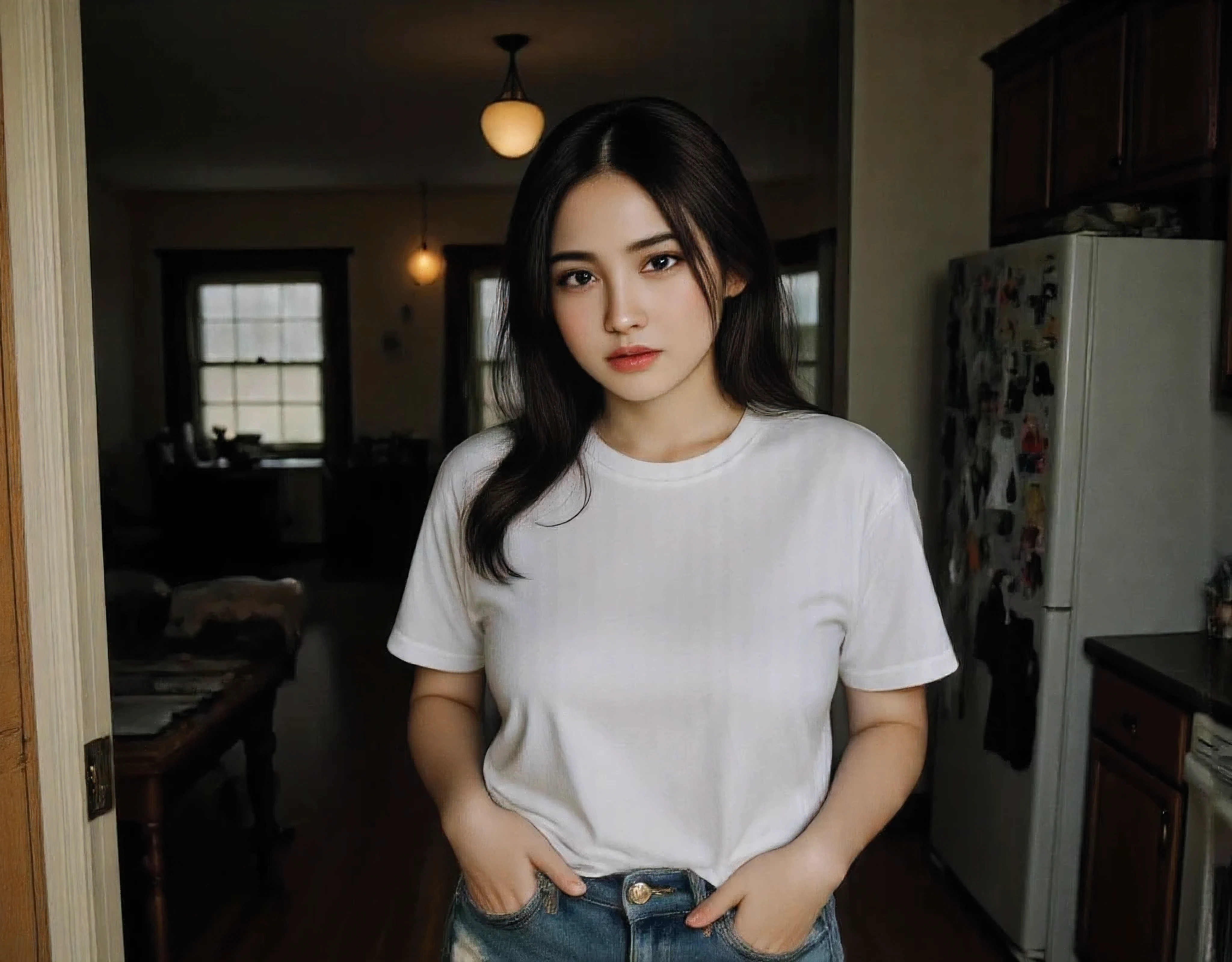 {(no bra, braless)} Taken from a Leica m9 50mm 1.2, lowlight photography, At the house, seductive small smile, My Sweet adorable innocent and sexy mommy is standing in the doorway from the cluttered but homey and cozy countryside kitchen looking at me in pleasant surprise as she comes in, sexy and voluptuous 30-year-old goth milf in loose white oversized comfy t-shirt tucked into her ripped jeans, 1girl Cozy bedroom , 4kPhoto_PDXL Photorealistic, 30 years old , Filipina-korean goth girl brown skinned pacific islander Spanish mix girl, high resolution, life-like details, Freckles, moles, simple and elegant demeanor, lovely and ethereal face, Photorealistic and life-like skin texture, , My Sweet adorable innocent and sexy mommy is standing in the doorway looking at me in surprise as she comes in, sexy and voluptuous 30-year-old goth milf in loose oversized t-shirt , 1girl, realistic,life-like skin texture,symmetrical,aesthetically pleasing,cinematic composition,detailed portrait,photorealistic,masterpiece,ultra-detailed,sharp focus,physically-based rendering,extreme detail description,professional,vivid colors,high resolution,4K,studio lighting,dramatic lighting,dramatic shadows,dramatic atmosphere,dramatic background,dramatic pose,cinematic framing,cinematic lighting,cinematic camera angle,cinematic depth of field,moody,dark,chiaroscuro,dramatic color palette,dark and moody,dramatic colors,