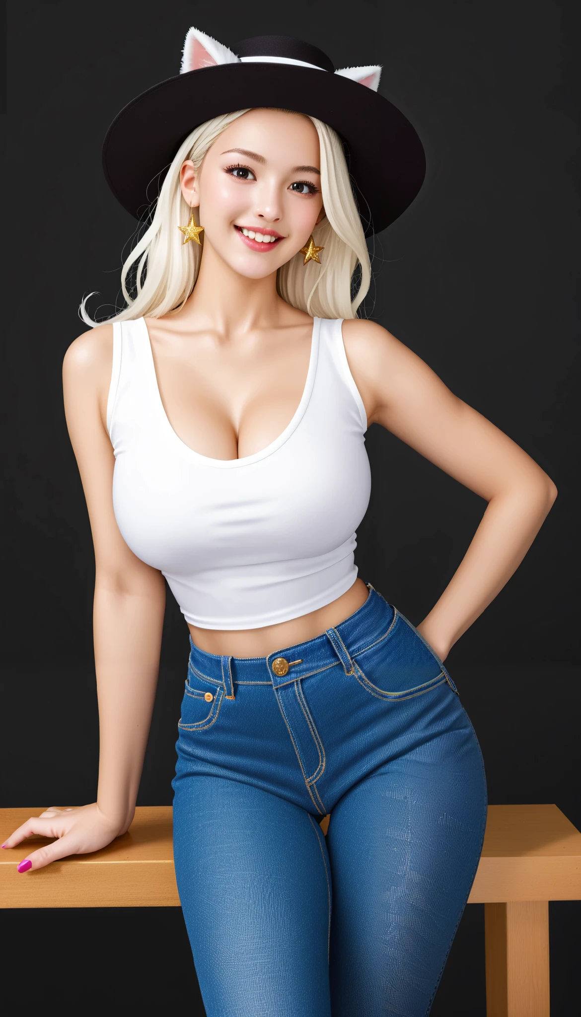 Realistic anime-style portrait of a cheerful, happy girl with long white hair flowing in the breeze. She has large breasts, is bending slightly forward in a playful pose, one hand resting behind her hip, the other adjusting her hat. She smiles brightly, eyes sparkling with joy. She wears a sleeveless top showing cleavage, tight jeans, and elegant accessories. Background: a starry night sky filled with glowing stars and subtle nebulae. Soft, balanced lighting, vibrant colors, harmonious composition.