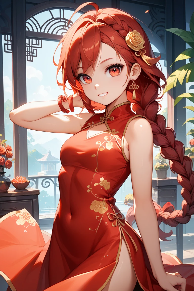 masterpiece, best quality, ultra detailed, illustration, 1 girl, red hair, ponytail, small breast, red eyes, beautiful detailed eyes, delicate beautiful face, china dress, outdoors, smile, arms behind back