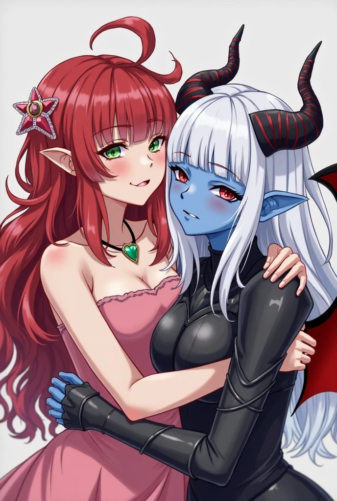 1girl, dragon girl, dragon horns, large breasts, dress, formal, cleavage, sparkling pink eyes, blue hair, simple background, pointy ears, short hair, sidelocks, blunt ends, upper body, (blunt bangs:1.3)