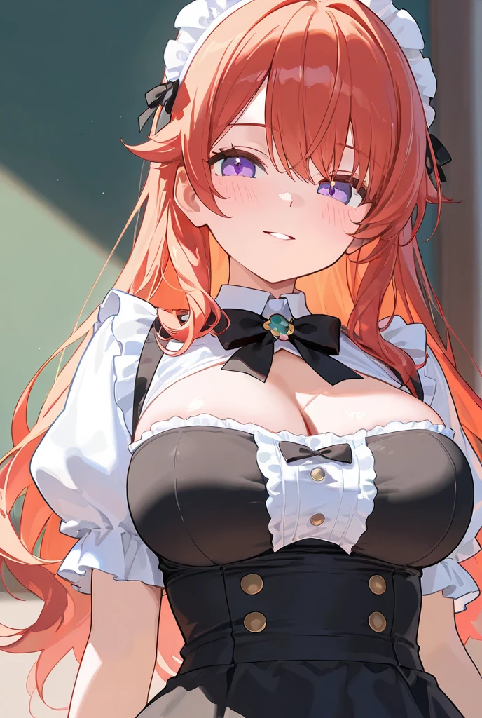 girl, orange hair, long hair, ponytail, pink eyes, big breasts, maid costume