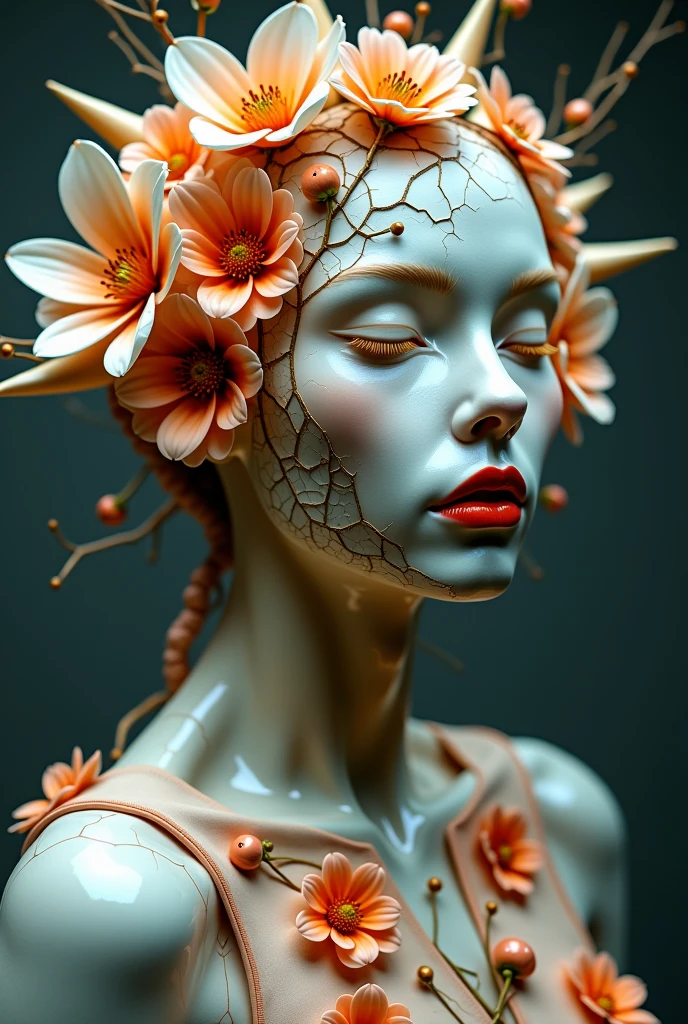 Very dark space, a beautiful 3d glass Female sculpture made of white pore fungi, morning glory flower, boho floral vines, murano round colored glass colossal breasted orange-haired Female, yellow hibiscus flower, top lit, octane render, soft lighting, ultra detailed, 8 k, trending in artstation, gallery piece by barbara hepworth ,all made of glass, realistic, masterpiece