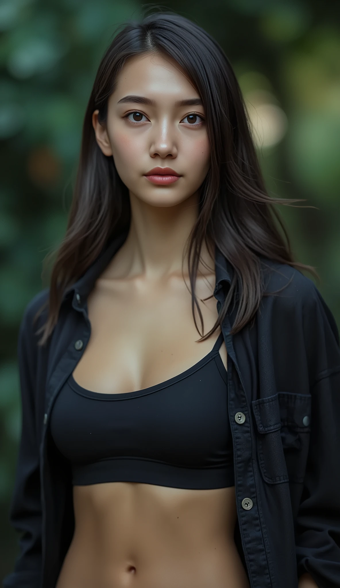 ultra realistic photo, ((21-year-old girl wearing a training bra)), Dean Wo, ( Slim waist), (freckles: 1.0), 1 girl, , masterpiece, best quality, absurd, Award-Winning Photos, Extreme detail, extremely complex,, detailed face + eye, natural light, realistic, Extremely Detailed, photo shoot, masterpiece, high quality, high quality, High Resolution, sexy, nice, detailed face, full body, beautiful face, 21 year old girl wearing a training bra with an open black shirt , goosebumps, 1 Solo, 1 girl