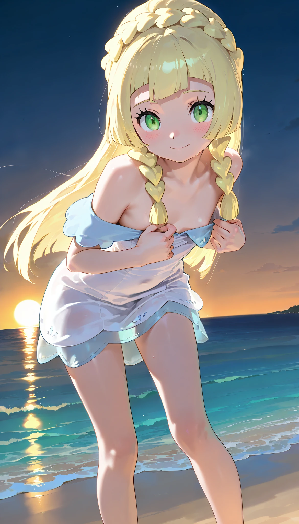 high resolution picture,8k,ultra-detailed, masterpiece, best quality, amazing quality, solo, 1girl,lillie,flat chest,smile,undressing dress,beach,sea,at night ,nsfw,dress pull to knee,white panty