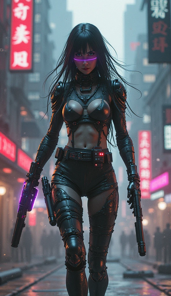 Unbeatable masterpiece, Ultra photo realsisim, Perfect Artwork, Intricate details, Best Quality, strong lights,High contrast,((Post apocalyptic futuristic Cyberpunk , outline):1.35) , ((masterpiece)),((Extremely detailed)) , ((extremely detailed and beautiful face)) , Smoky makeup, Perfectcomposition , intricate detailes , neon light , neon trim, (full body Esbian:1.25) , (Official art) , Very delicately beautiful cyberpunk girl, long black colored hair blowing in the wind, vibrant purple eyes, long detailed eyelashes, huge enormously gigantic , cleavage showing, wearing highly detailed futuristic hooded battle armor, tons of tattoos and piercings(1girl:1.3) , Solo , (glass screen:1.2) , (Clear glass) , Tindall Effect , Colorful refraction , visual impact , (High light contrast) , Colorful , Melt , (Cyberpunk:1.2) ,(flinch :1.4) ,