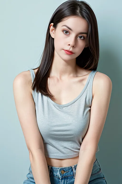 (Highest quality:1.5), (Real:1.4), (Ultra high definition:1.4), (No correction:1.4), (18 years old short Japanese girl with big breasts standing front plain background), (Short stature girl), (Asymmetrical bangs), (short hair), (Pink tank top), (jeans), (18 years old short girl wears pink tank top and jeans), (girl viewed from the front), (Plain background), (Cowboy Shot), (smile), (upright),