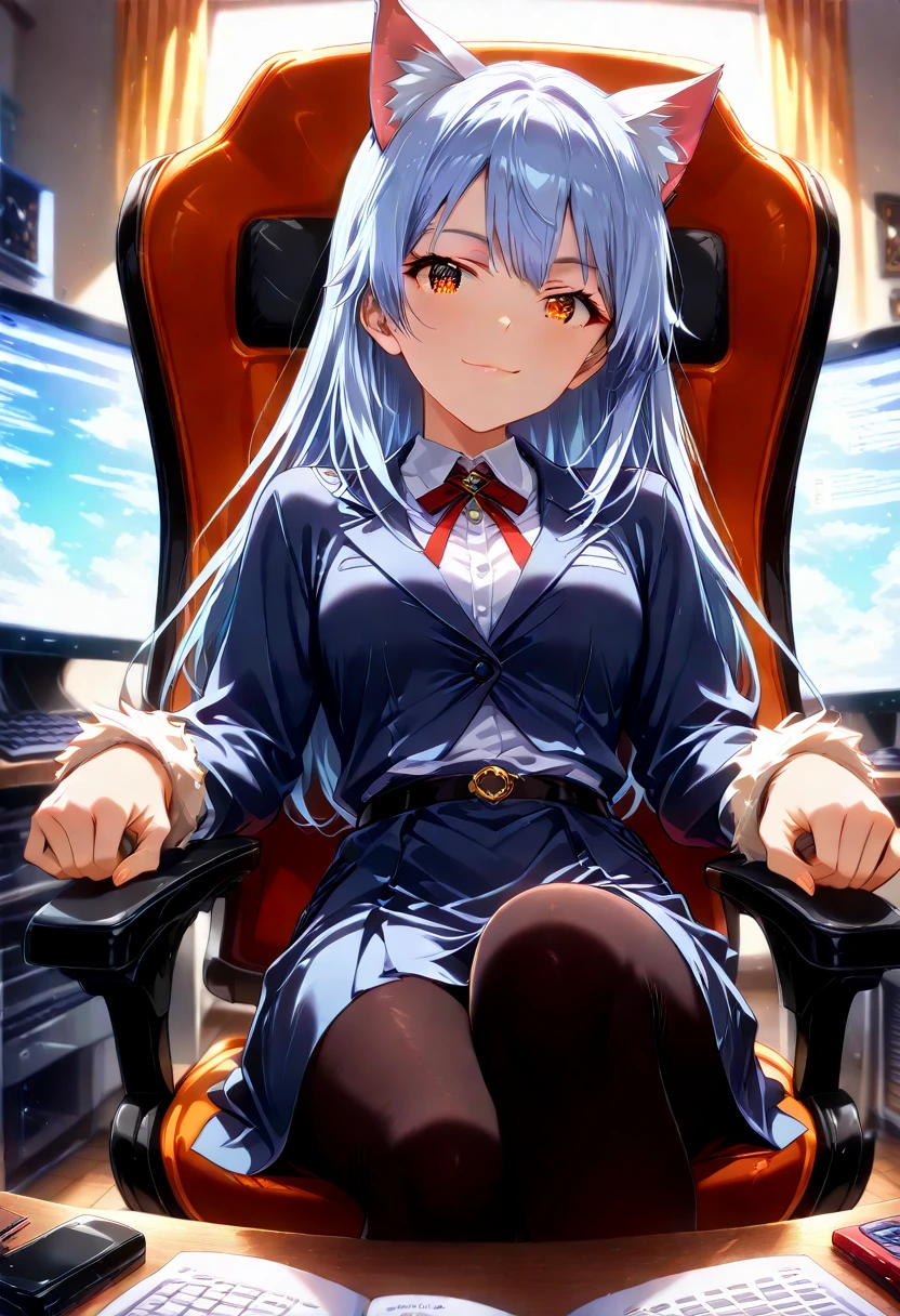 1 beautiful girl, great image quality with lots of detail, ray tracing, in a navy sailor , long stockings, blue eyes, white hair, , in a neon room, PC gaming, perfect anatomy, 