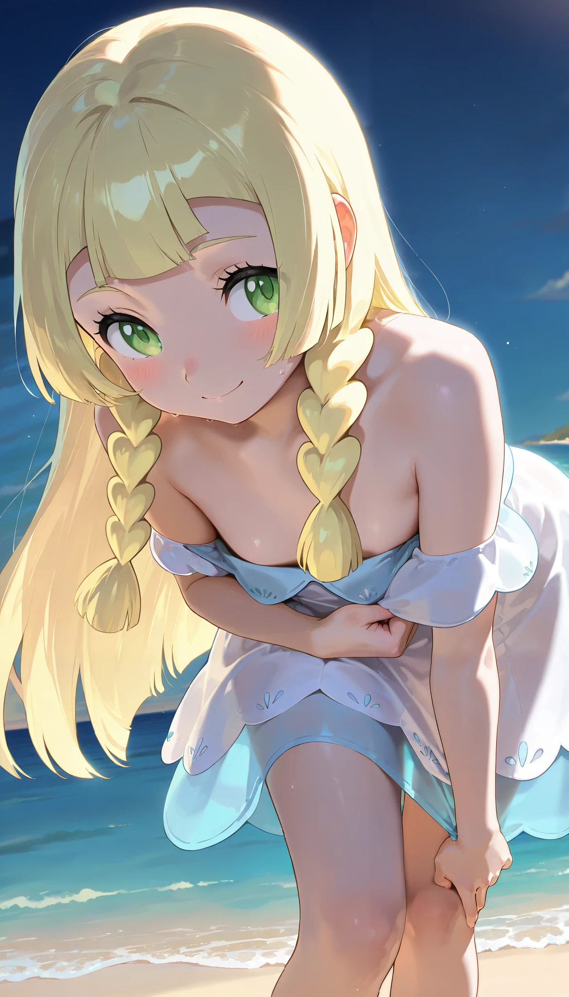 high resolution picture,8k,ultra-detailed, masterpiece, best quality, amazing quality, solo, 1girl,lillie,flat chest,smile,undressing dress,beach,sea,at night ,{nsfw},dress pull to knee,white panty,looking away