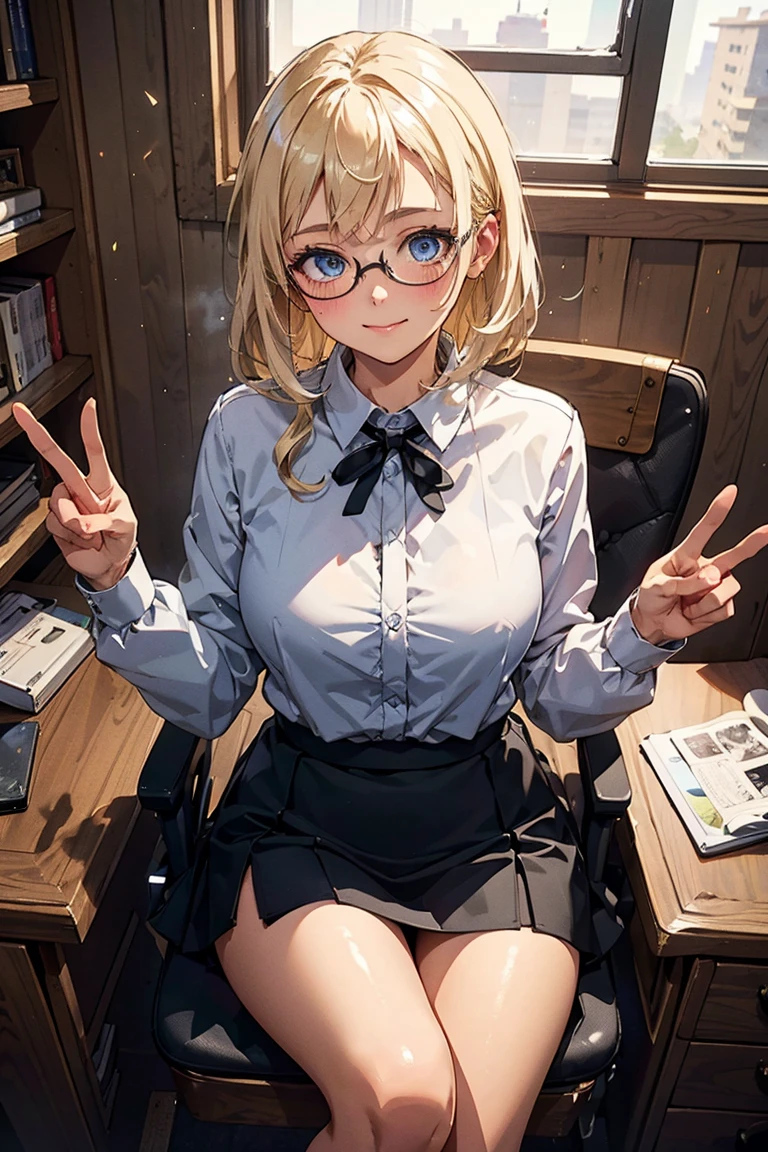 ((masterpiece)), ((best quality)), 1girl, long bangs, black choker, black skirt, blush, choker, cleavage, collarbone, collared shirt, glasses, huge breasts, very long hair, long sleeves, looking at viewer, (office lady,bangs, blonde hair), implacable \(azur lane\), teacher, mature female, parted lips, red eyes, round eyewear, see-through, smile, solo, sweat, white shirt, sitting, clossed legs, panties, pantyhose, cl