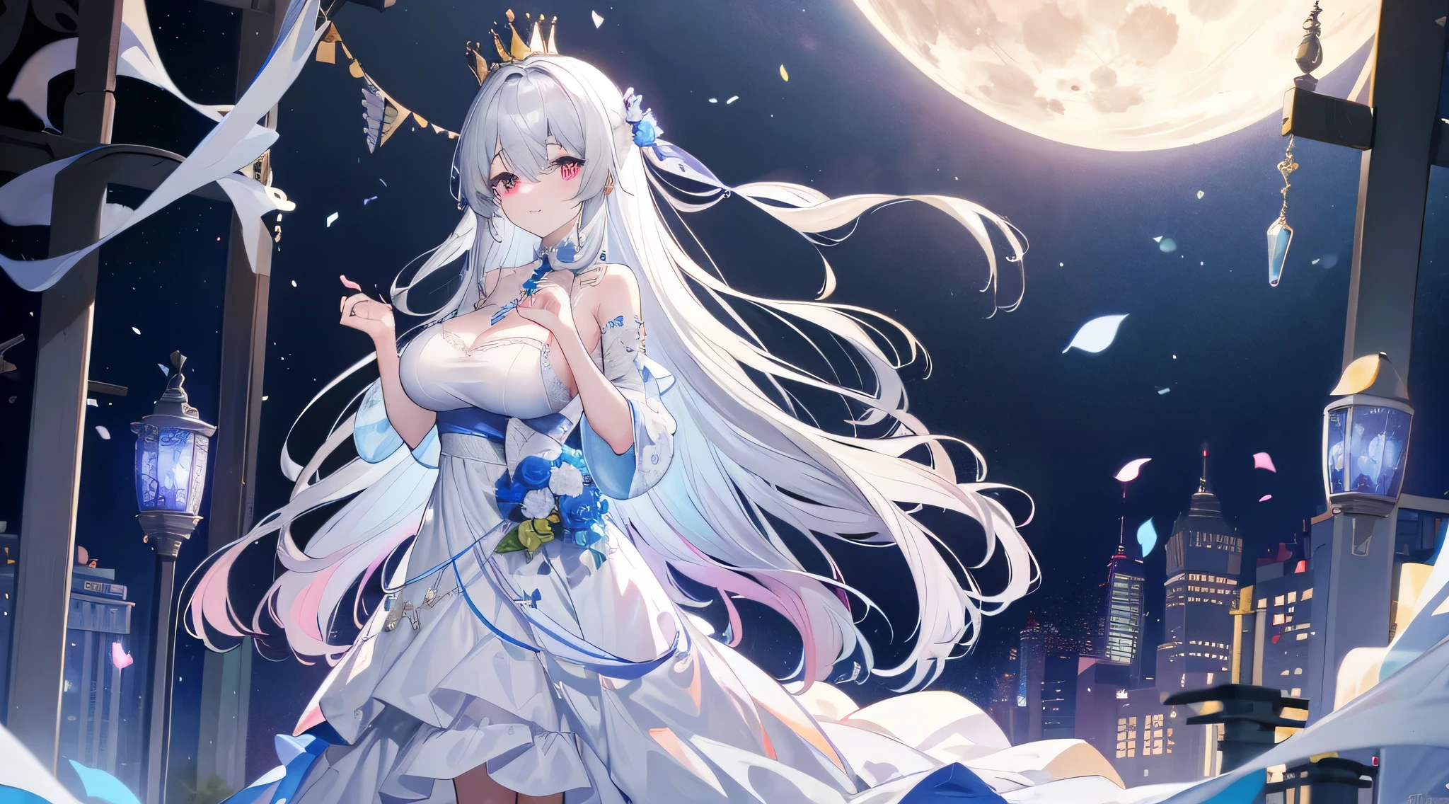 beautiful girl, absurdres, silver hair, violet eyes, long hair, blunt bangs, large breasts, white wedding dress, bouquet, city, smile, starry night