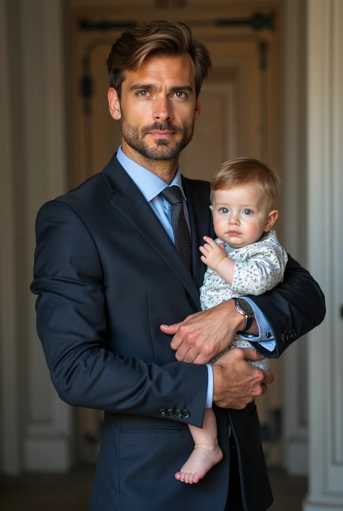 a handsome man, at thirty-seven years old, blue eyed blonde, manly face, serious expression, wearing a suit and dress pants, with a baby in her arms. Full-body image. perfects eyes. handsome man cute baby, perfects eyes