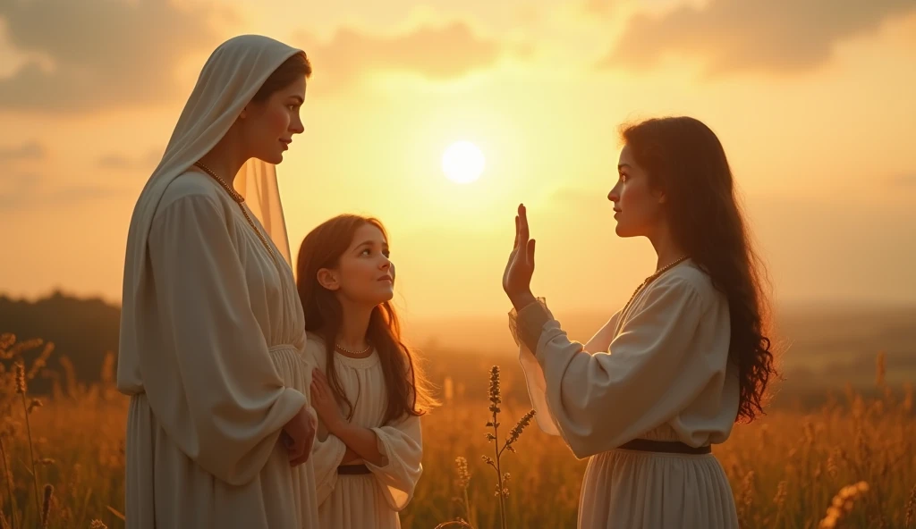(photorealism:1.2), A young woman praying ((standing)) with children