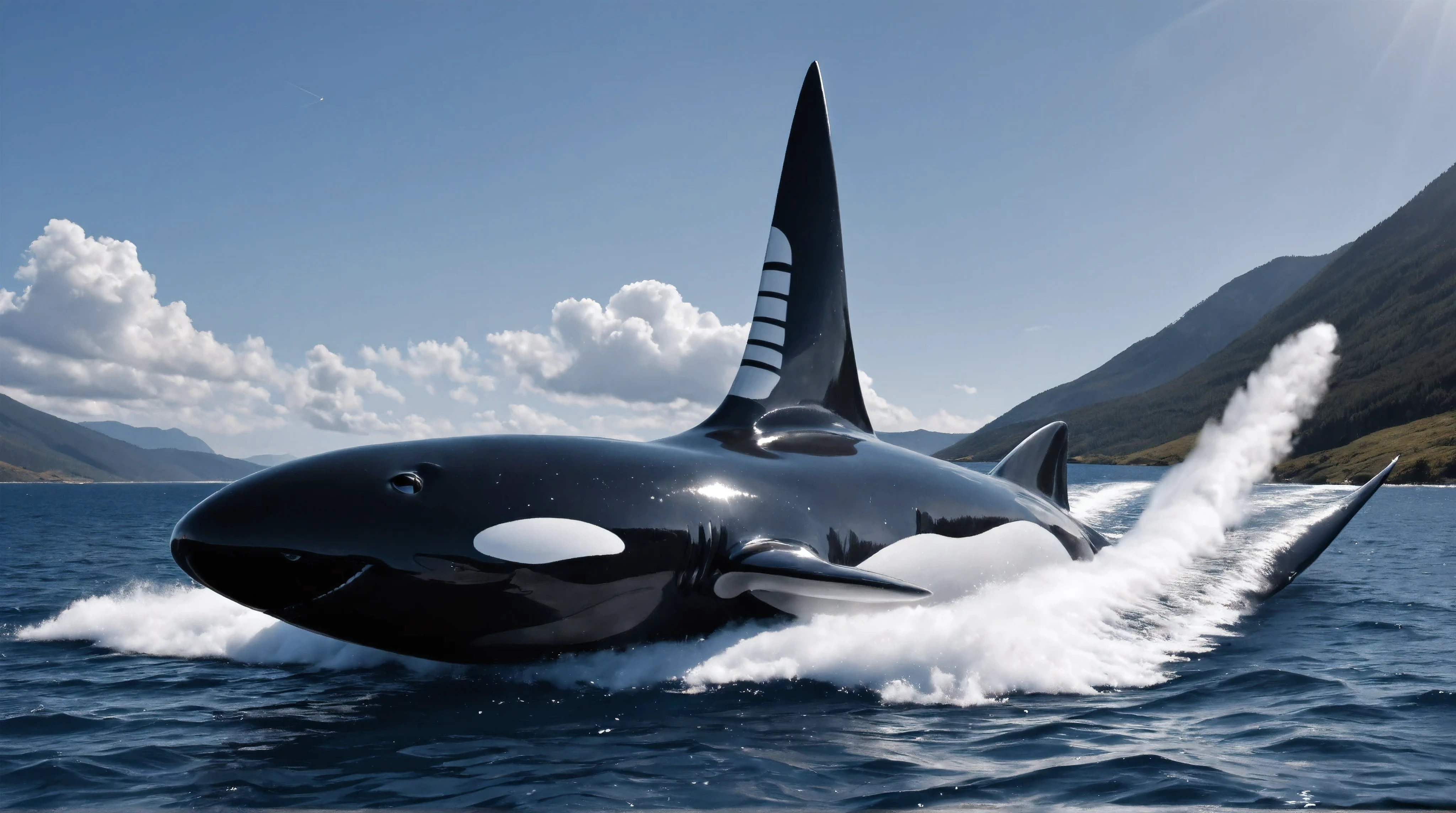 A majestic orca whale, its body gleaming in the sunlight, proudly displays a massive rotary propeller engine attached to its nose. The blades spin at an incredible pace, generating a whirlwind of diesel smoke and flames as it revs up like a dragster. With its fin blazing like an exhaust pipe, the orca lifts off the water's surface, soaring into the sky with the precision of an airship, as if defying gravity itself. Ray tracing and UHD render this photorealistic masterpiece in stunning detail, making it an award-winning visual spectacle.