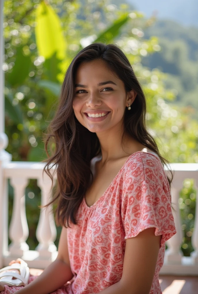 8k, medio cuerpo, portrait of a 35 year old girl, cabello moreno, sonrisa de mala, looking to the camera, detalles perfectos alta calidad, con un vestido de flores.