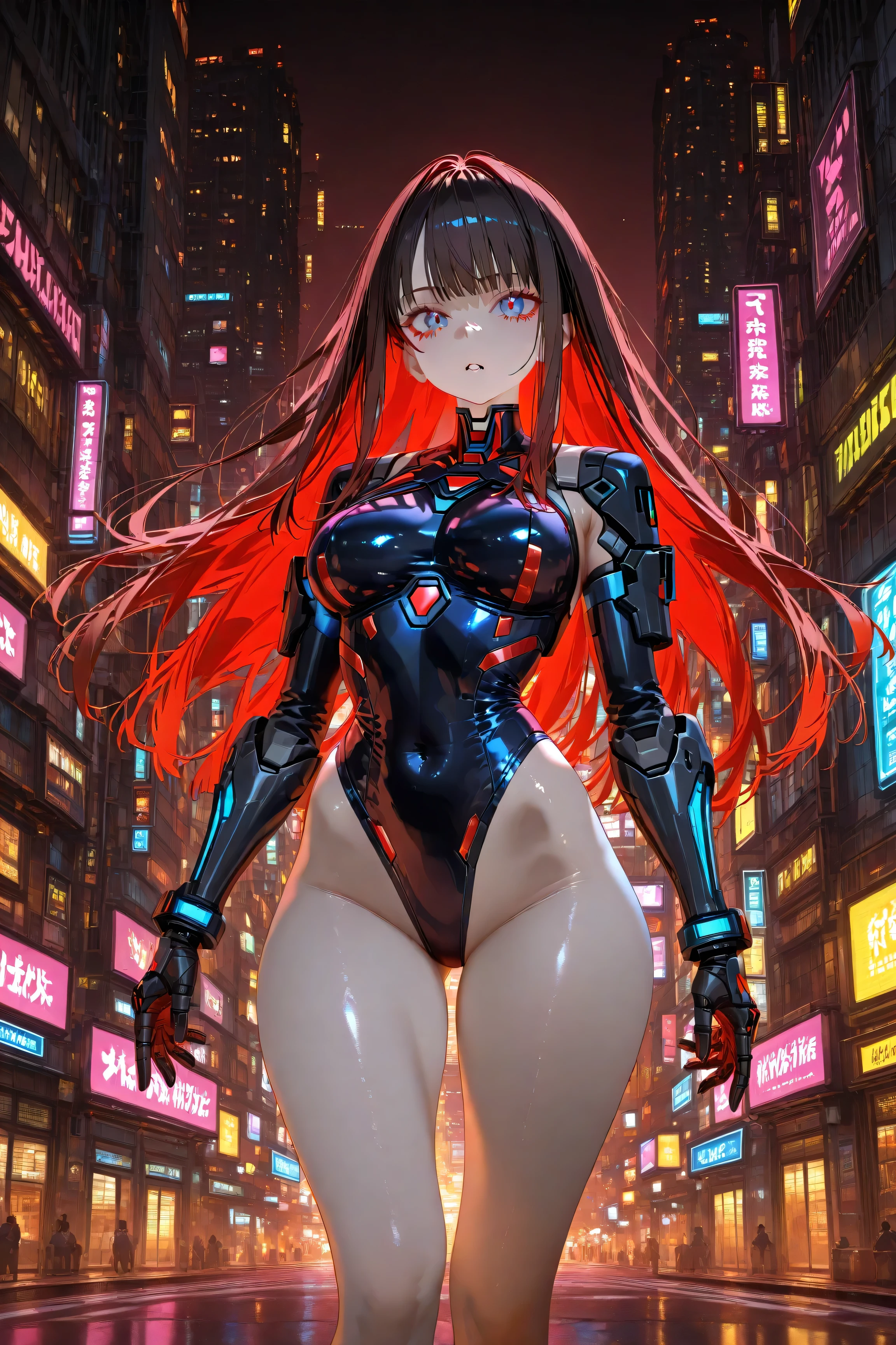 anime girl in a futuristic suit with a red and black hair, cyberpunk anime girl mech, perfect anime cyborg woman, cyborg girl, biomechanical oppai, beautiful girl cyborg, female cyberpunk anime girl, anime cyberpunk art, digital cyberpunk anime art, cyberpunk anime girl, cyberpunk anime art, cyborg - girl, cute cyborg girl, anime cyborg