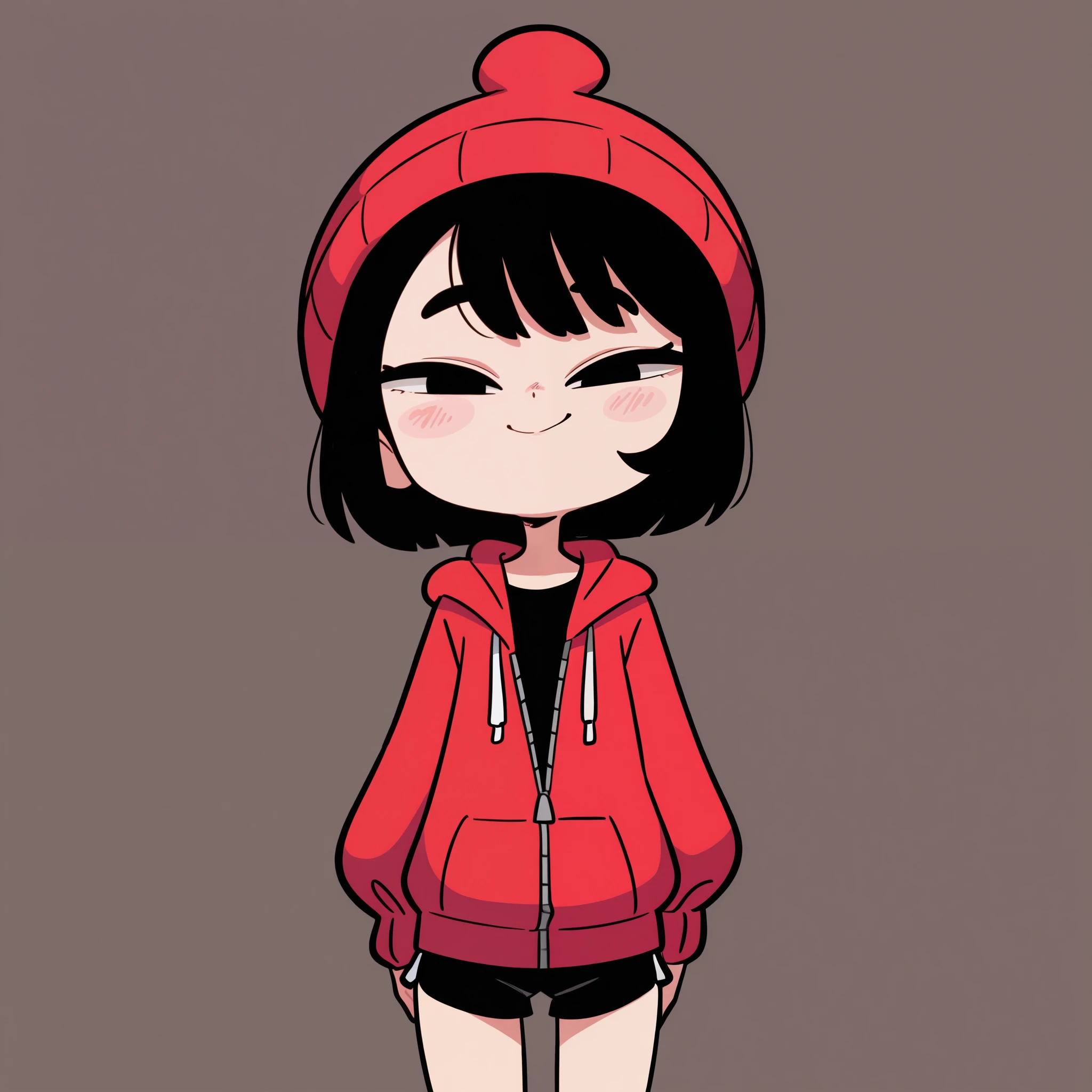 1girl, li, solo, short black hair, bob cut, black eyes, red cap, red hooded jacket, black t-shirt, black shorts, blushed, smug smile, cute, standing, looking at viewer, simple background, from the front view, diives