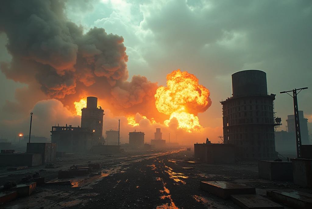 A wasteland-style spaceship, exploding in the air, black smoke from the engine, surrounded by a group of small red wasteland-style aircraft, with an abandoned ancient city in the background, towering industrial towers everywhere and some withered vegetation, storm-swept, foggy, low-saturation, cinematic, Unreal Engine, trending on artstation