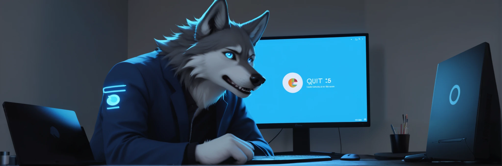 characters：
・An anime-like, kind-feeling werewolf
・Working alone on a computer、that expression is somewhat sad
・Even though he wants to quit his job、It's hard to stop
・I have a desire to change my life by investing in crypto assets
・The color of the wolf may be the same as the attached image
・The overall theme color is pale light blue（ #Express an image of）
・Only simple or light blue backgrounds are OK

Concept：
・SES engineer's loneliness
・Desire to change the future by investing in virtual currency
・I want to live in a group in the future「A wolf」per B0E0E6