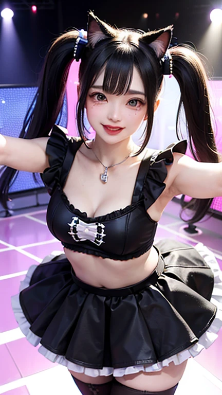 Raw photo、Extremely realistic photos、A girl stands on a large raised stage、big breasts、concert venue、singing and dancing)bright smile(17 year old girl、small face、very beautiful face、idol makeup)(((super fair skin、Whitening skin、pure white skin))) realistic skin(sparkling eyes)big breasts、thin waist、long legs、big ass (red hair、long straight hair、hair behind ears、beautiful hair、smooth hair)She performs a solo on stage(((Kunoichi、Ninja costume with detailed, beautiful and colorful patterns))))Ninja house background((The atmosphere is colorful concert lights,Upper Light、 Create a seductive glow around her))Her adorable look、shot from below、full body description