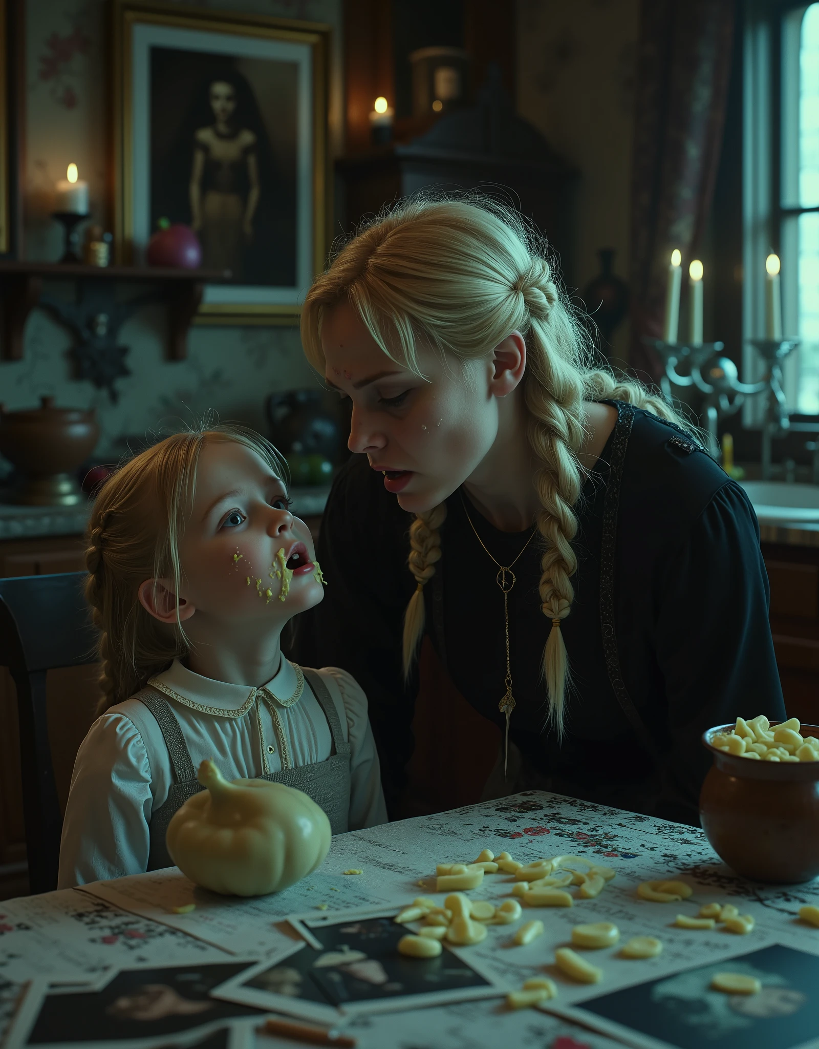 Swedish woman and a girl she is babysitting, at a kitchen table, traditional furnishings, woman is feeding the girl thick vanilla yogurt, with her fingers and hands, the yogurt is poring down the girl's chin and onto her blouse, smeared on her face, the mood is strange, ritual like, folk horror, woman is wearing black clothing, erotic, blonde hair, braids, occults objects and books on the table, candles, some erotic photographs strewn over the table-top, detailed, intricate, vivid and lurid colors, fumetto aesthetic, volumetric lighting, cinematic lighting,