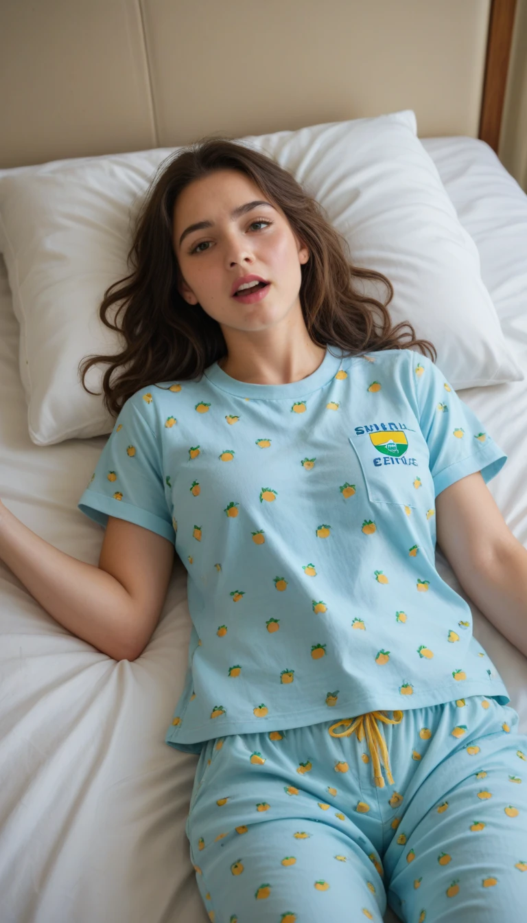 (Eine junge Frau, 20 Jahre alt,She is very tired that morning and is still wearing Spongebob pajamas),Ihr Vater stammt aus Asien, ihre Mutter aus Deutschland. She is slim and has slightly tanned skin,( Ihr Haar ist kurz und dunkelblond), Ihre Augen sind blau, She has a charming smile and is small, Cute dimples,she makes breakfast in a large American kitchen,Meisterwerk 8K, HDR, ultra realistic