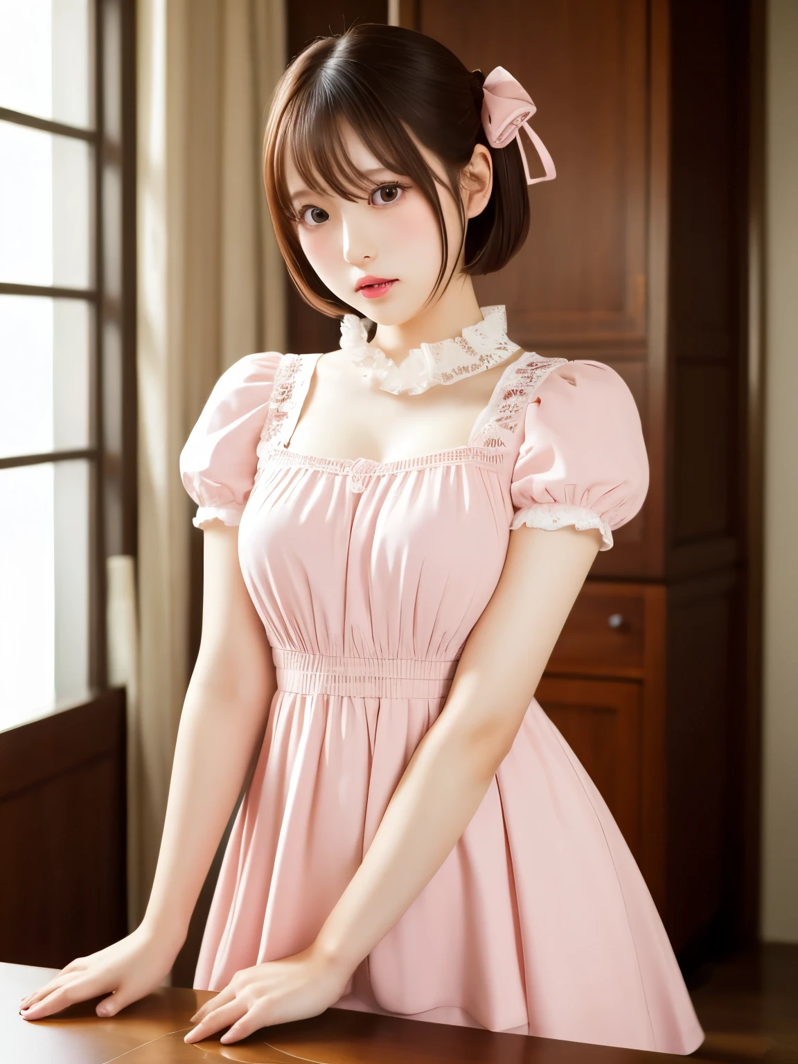 (highest resolution, clearly_ images), top quality, masterpiece, Pink ta Dress Loliapanese actress face、light makeup、embarrassed expression、Perfect limbs、short hair、Table sex、putting hands on the table、Press your crotch against the corner of the table、Pleasure、plump body