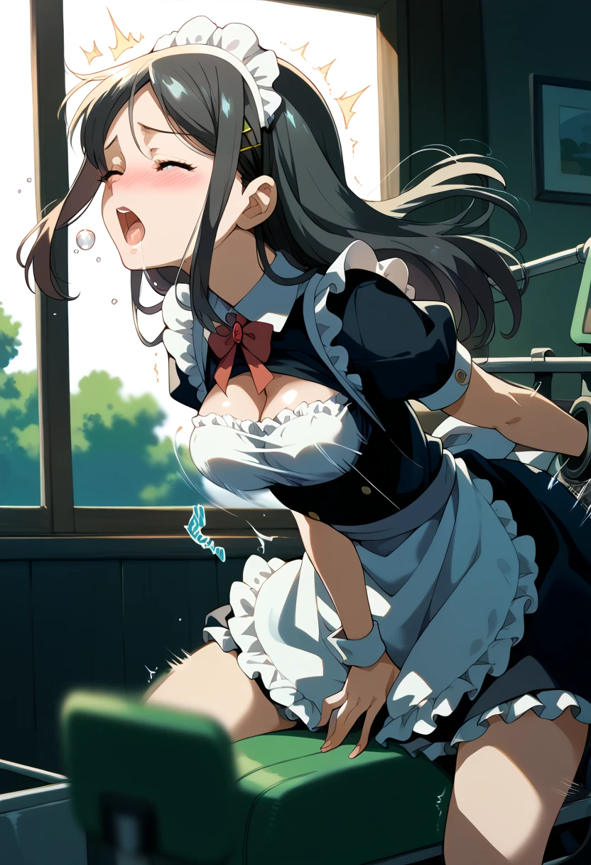 Highest quality,masterpiece,8K,1girl,((big breasts:1.3)),((orgasm,blush:1.3)),angry, sweat,mini skirt,lift skirt,upskirt,mizuki yukikaze,hair ribbon, ((maid:1.3)), mini skirt, black thighhighs,white panties,((walking1.3)),cafe,from behind