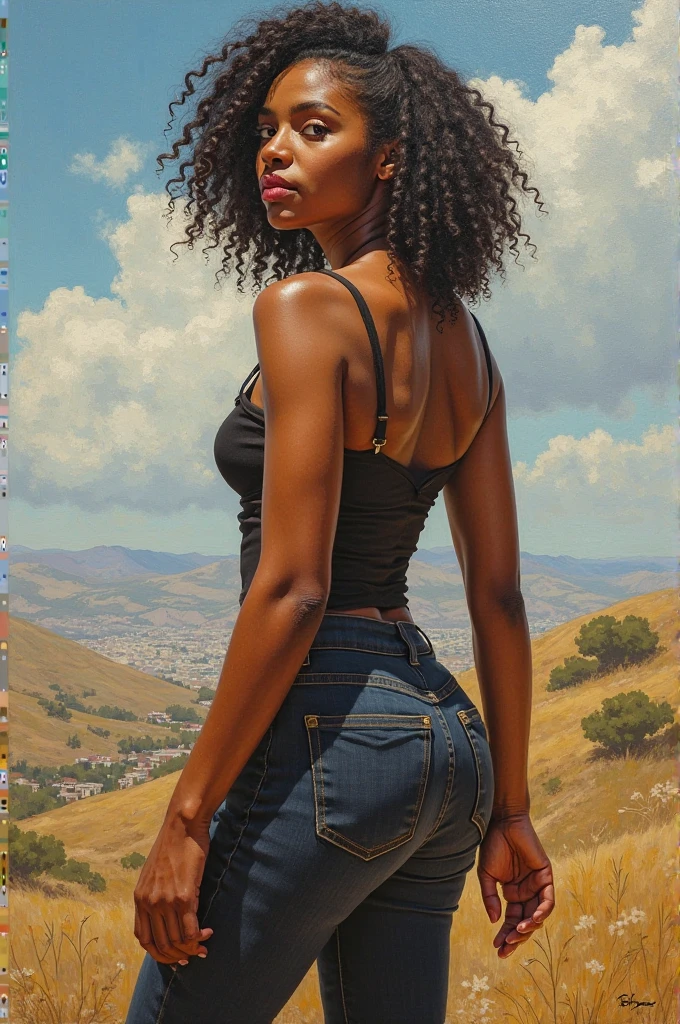(((1girl))), taken from behind, highly-detailed, closeup of the butt, standing straight up pose, dynamic pose, teacher uniform, nice ass uses, curly hair, [sexy busty ebony], in a dreamlike setting, with soft pastel colors, in tall long wildflower field, painted in impressionist style, brushstroke painting technique, palette knife painting, an expressive oil painting,
