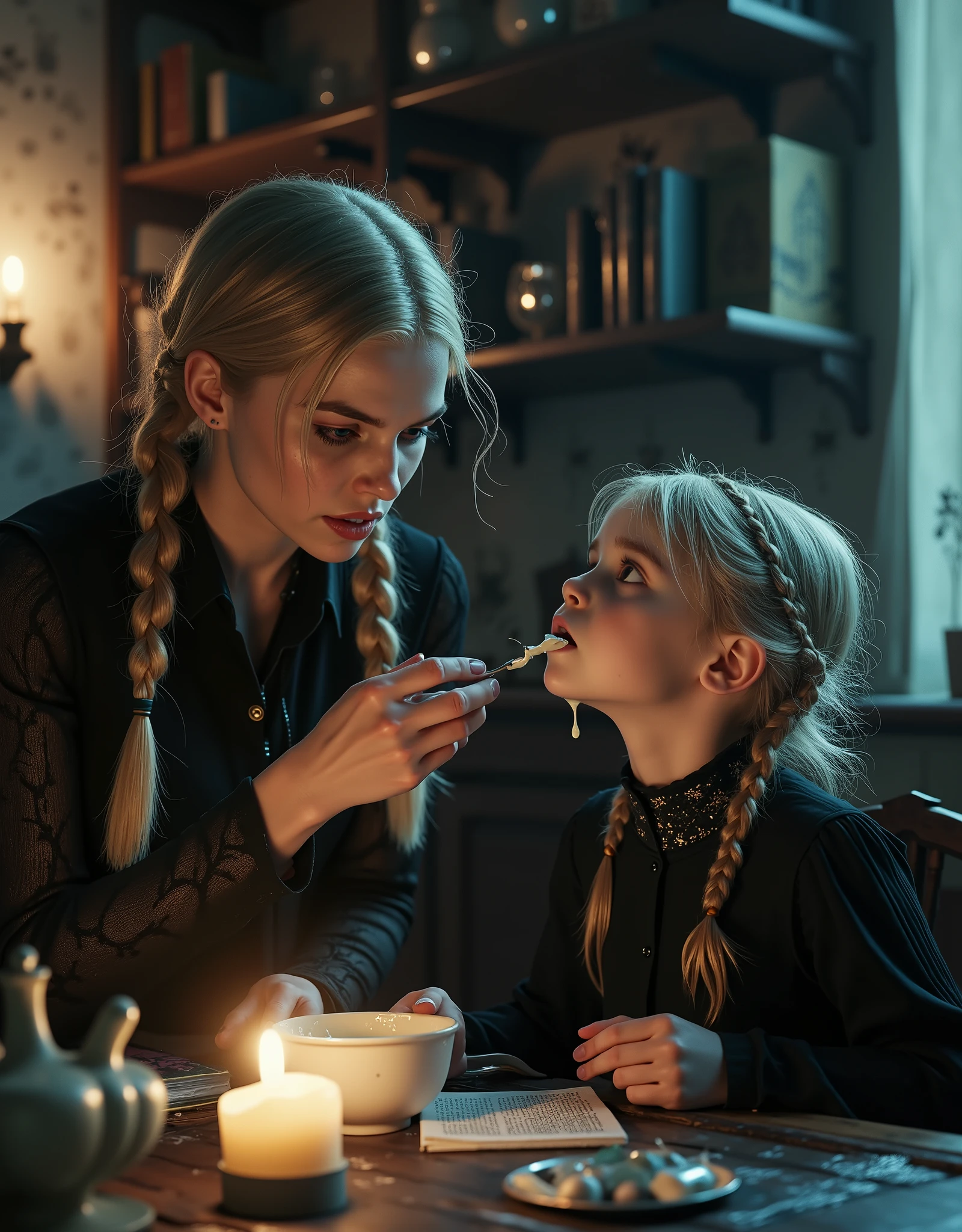 Swedish woman and a girl she is babysitting, at a kitchen table, traditional furnishings, woman is feeding the girl thick vanilla yogurt, with her fingers and hands, the yogurt is poring down the girl's chin and onto her blouse, the mood is strange, ritual like, folk horror, woman is wearing black clothing, erotic, blonde hair, braids, occults objects and books on the table, candles, some erotic photographs strewn over the table-top, detailed, intricate, vivid and lurid colors, fumetto aesthetic, volumetric lighting, cinematic lighting,