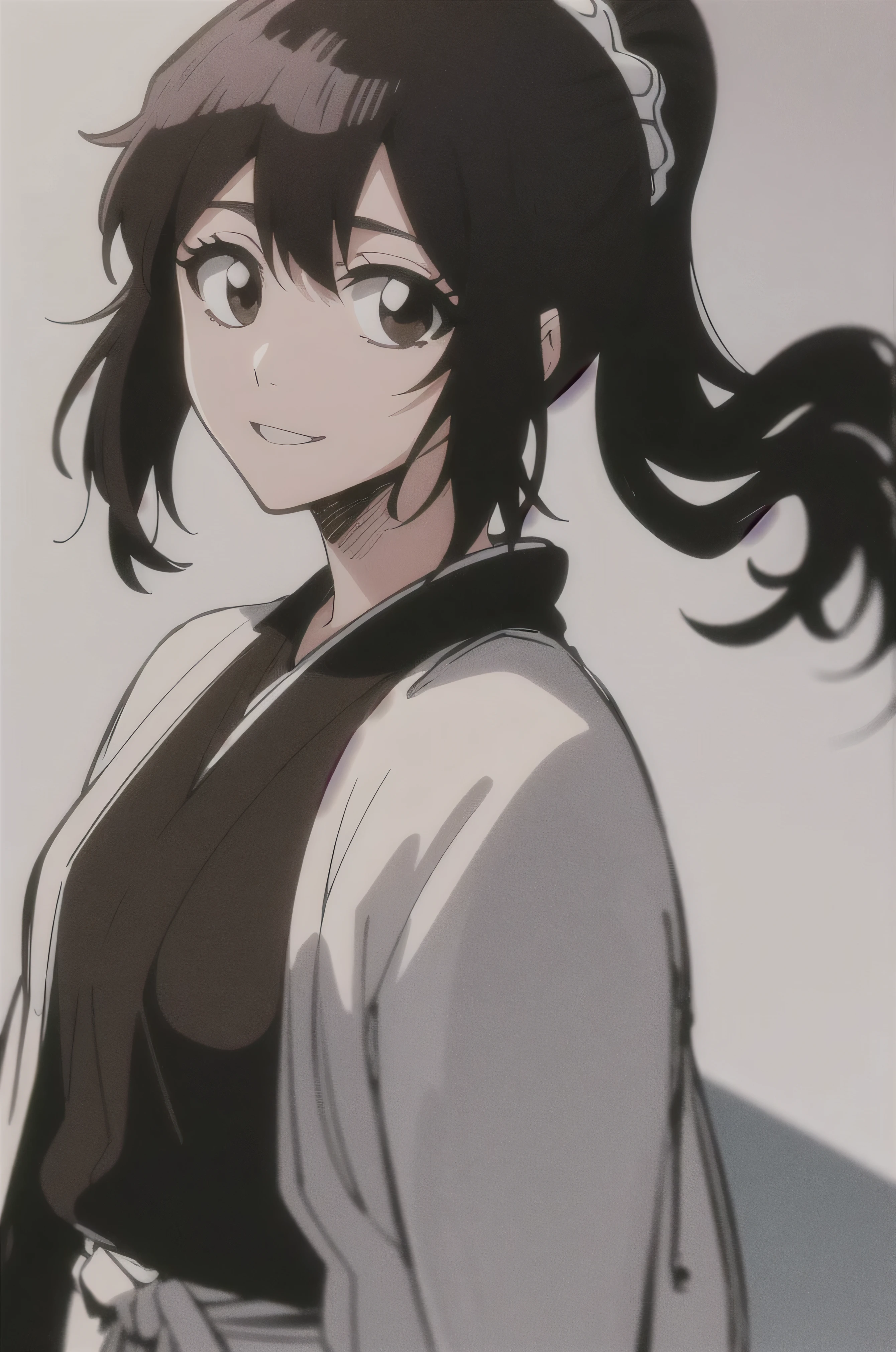 masterpiece, top quality ,
1 girl from the side , romantic love , black hair, single , ponytail, Vancouver, brown eyes,
Hair bangs,
kimono, white sleeveless coat ,Captain's coat without white sleeves, black kimono ,
smile, alone, I'm looking for , simple background , white background