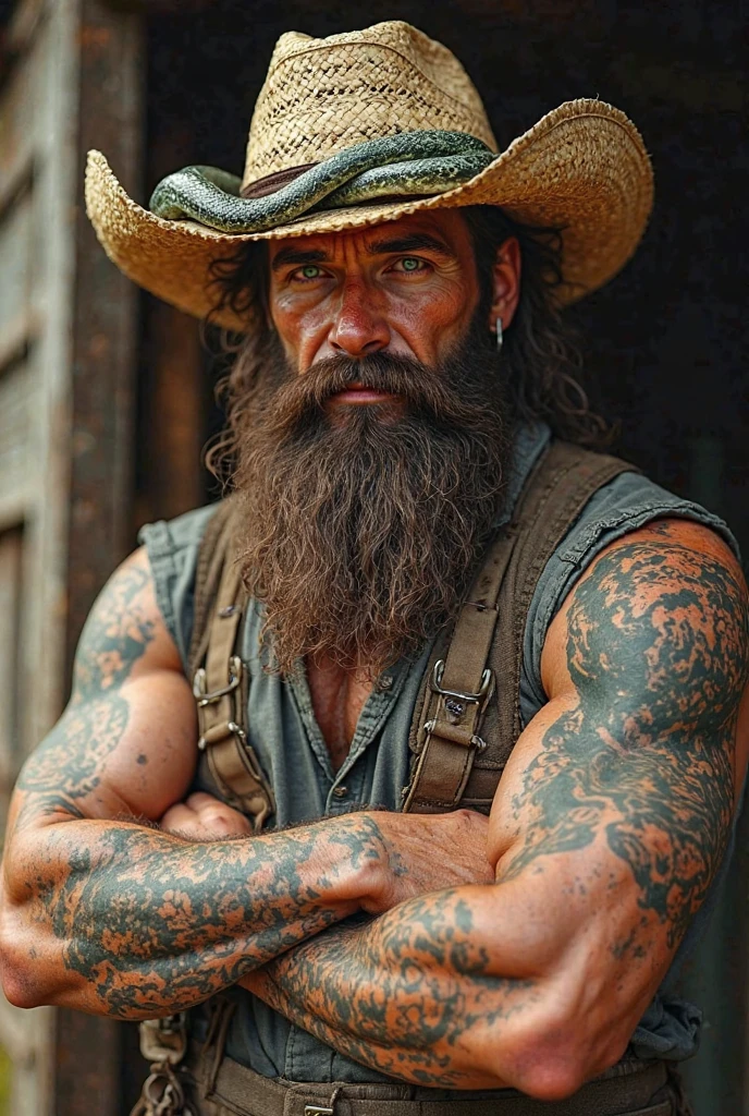 “Tousled brown hair under his cowboy hat, tattoos that cover both arms, Bulky muscles gained through hard work on the farm, Faded jeans stretched over powerful thighs and playful cobalt blue eyes. ”
