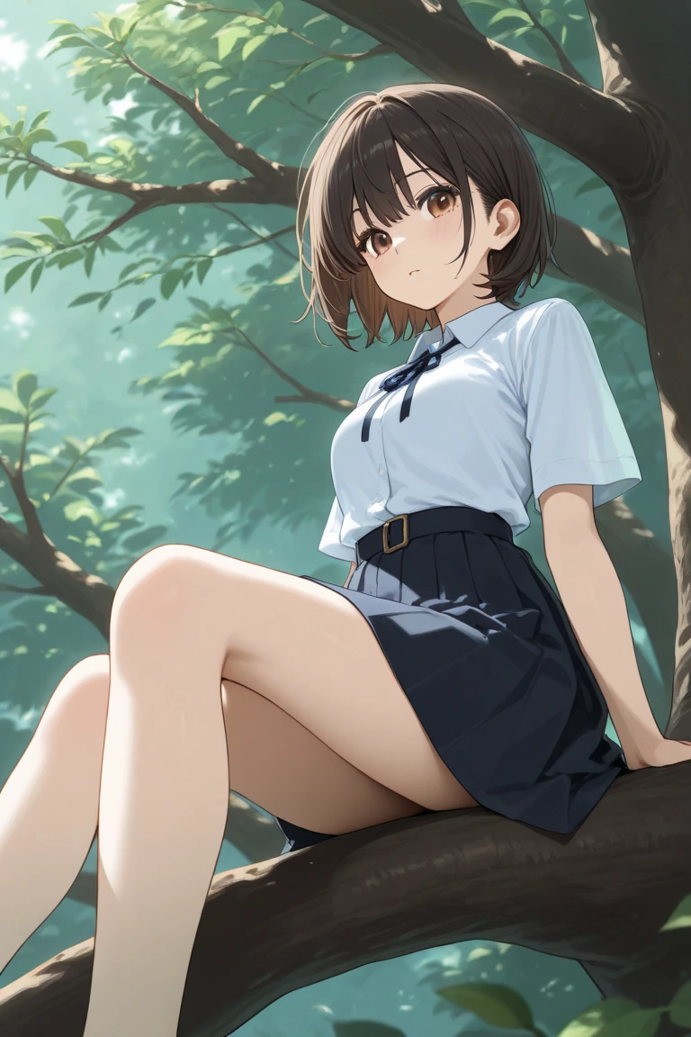 masterpiece, best quality, 4K, a girl, oozora subaru, sitting, White panties, cameltoe, crotch grab, aroused, blush, steam, shy, short hair, black hair, gradient eyes, with sparkling eyes, shiny skin, mini skirt, full body shot, in the park, in the afternoon, dappled sunlight, Park bench