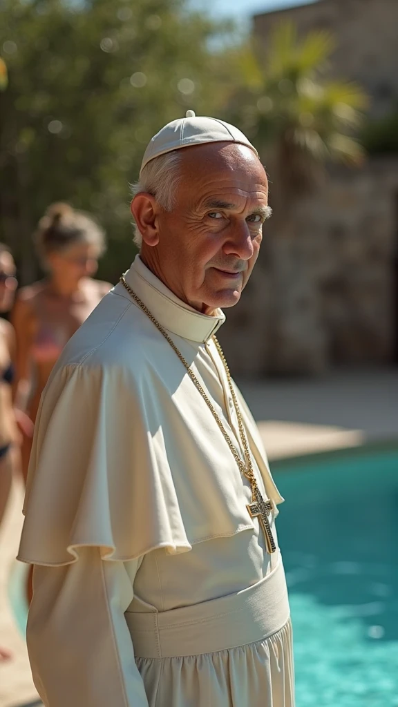 Photo of Pope Francis wearing a white Adidas sunga in the pool, detailed face, extremely detailed and intricate details, with many women
