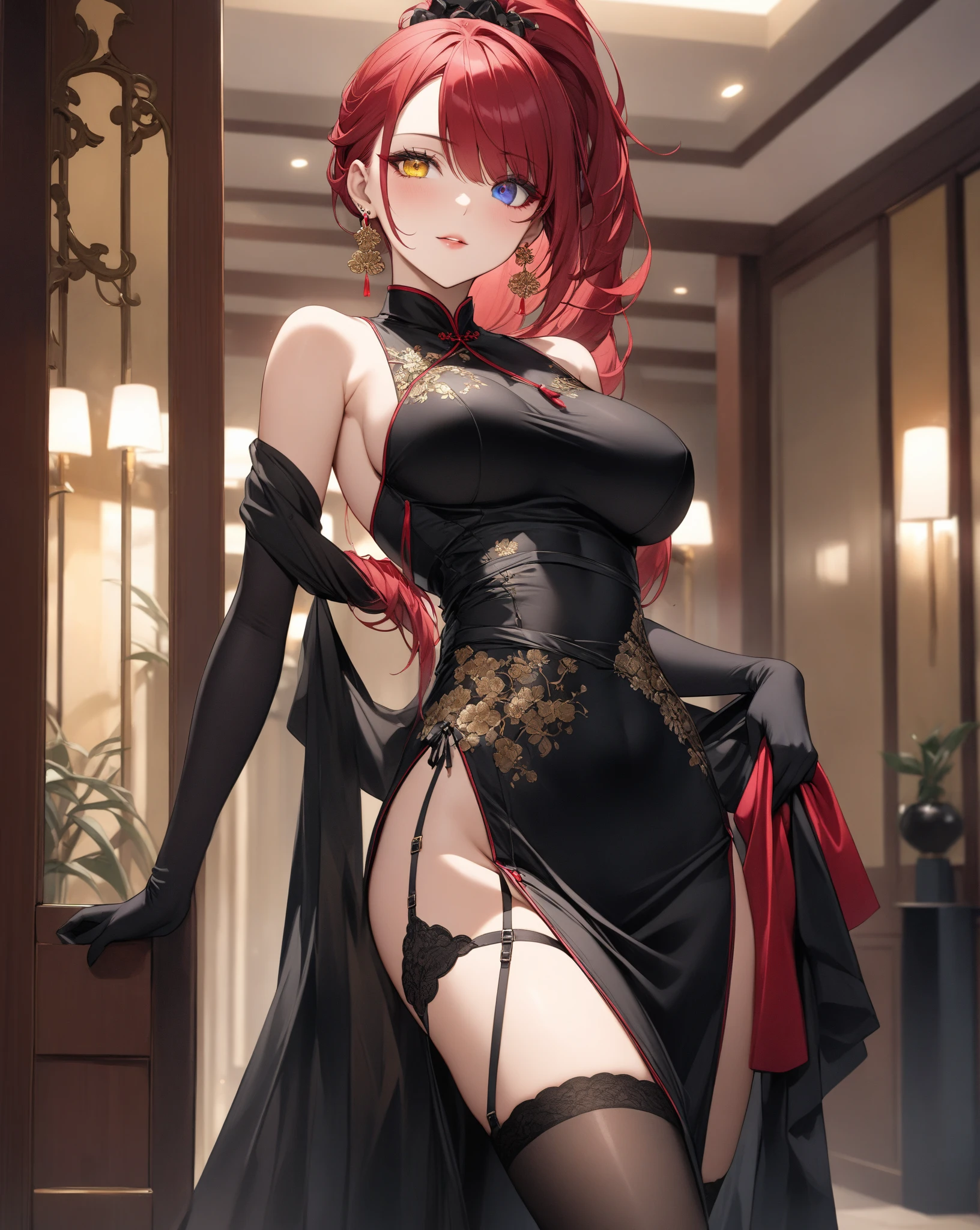 red-haired, 1girl,, short hair, many tattoos,, black dress, long dress, big breasts,