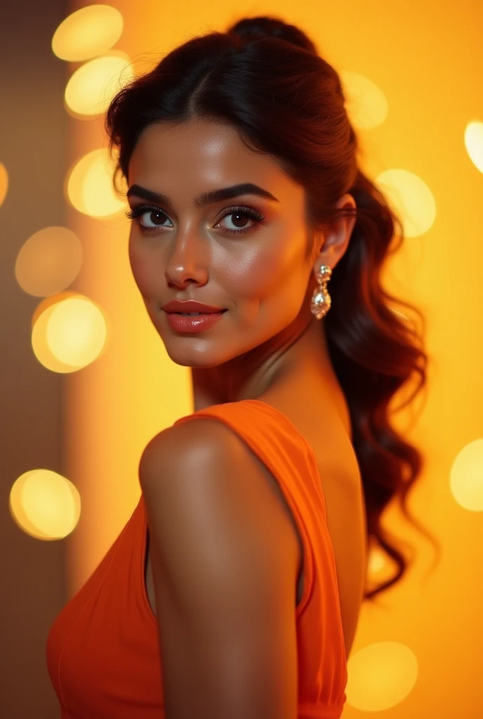 photo realistic, a beautiful Brown women, slim petite, colorful dress Yellow Polka Dots, (in the circus:0.7), Fashion Model Pose, Darkness, Fractal background, (masterpiece, highest quality), 8K UHD, (film grain:1.2),(Fujifilm XT3:1.2), extremely detailed, close up