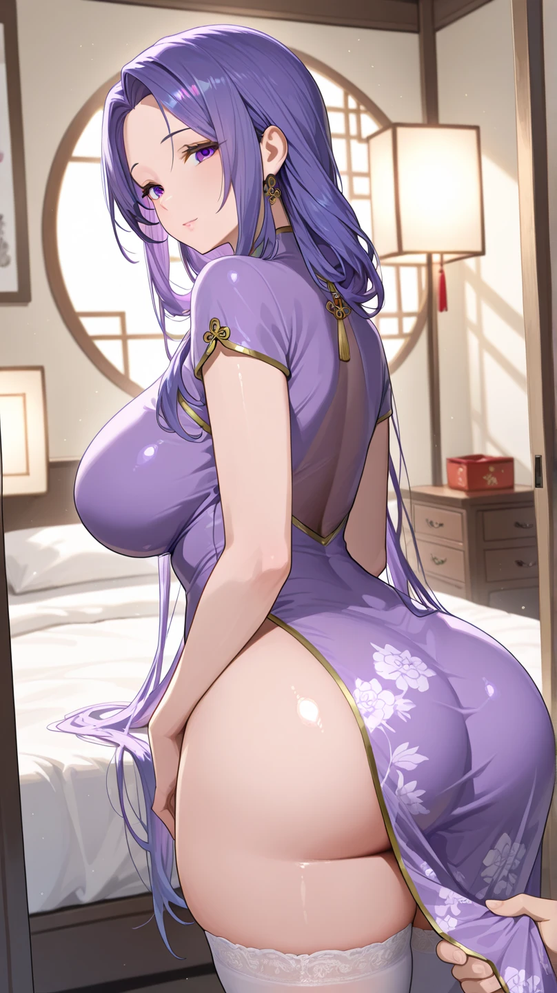score_9, score_8_up, score_7_up, master piece, beautiful_face, detailled_face, cute_face, score_9, score_8_up, score_7_up, high resolution, masterpiece, high quality, best quality, highly detailed, rating_questionable, 1girl, melty, smile, looking looking at viewer, short, , large breasts, (purple china dress:1.5), blush, thick thighs, wide hips, shiny skin, akizerop, Melty Q Melromarc, meltyqmelromarc, 1girl, meltyqmelromarc, solo, twintails, 1girl, smile, long hair, bow, blush, purple eyes, hair bow, twin hair buns