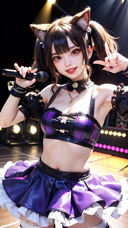 Nude,nude,(topless),(Nipples are visible),vulgarity,public indecency,(From above),Flat Chest,(Slim body),((Slim body)),ショートBob ,Bob,Straight Bangs,ショートBob,坊主Bob,Bobヘアー,Embarrassing,masterpiece,diamond、Earrings,background of fantasy,(((Purple Hair)))、Hair between the eyes, hair ornaments, ヘアribbon, One side up, Purple Hair, ウサギのhair ornaments,Symbol-shaped pupil,Brake belt, Black belt, brooch, dress, ((ピンクと赤のdress, Frillsのdress)), Ruffled gloves, Frills, gloves, ハートbrooch, Idol, Idol clothes, jewelry, Pink gloves, 赤いribbon, ribbon, タートルネックdress,break looking at viewer,Indoor break,break (Tabletop:1.2), Highest quality, High resolution, unity 8k wallpaper, (shape:0.8), (Beautiful details:1.6), Highly detailed face, Perfect lighting, Extremely detailed CG, (Perfect hands, Perfect Anatomy),Laughing with your mouth open、Concert Venues、live house、stage、Cowboy Shot