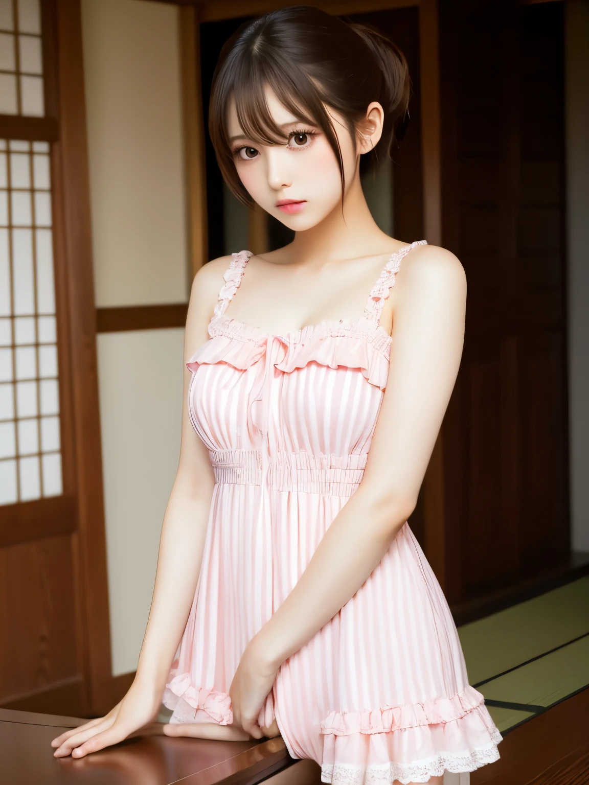 (highest resolution, clearly_ images), top quality, masterpiece, Pink ta Dress Loliapanese actress face、light makeup、embarrassed expression、Perfect limbs、short hair、Table sex、putting hands on the table、Press your crotch against the corner of the table、Pleasure、plump body、and sticks out the hips