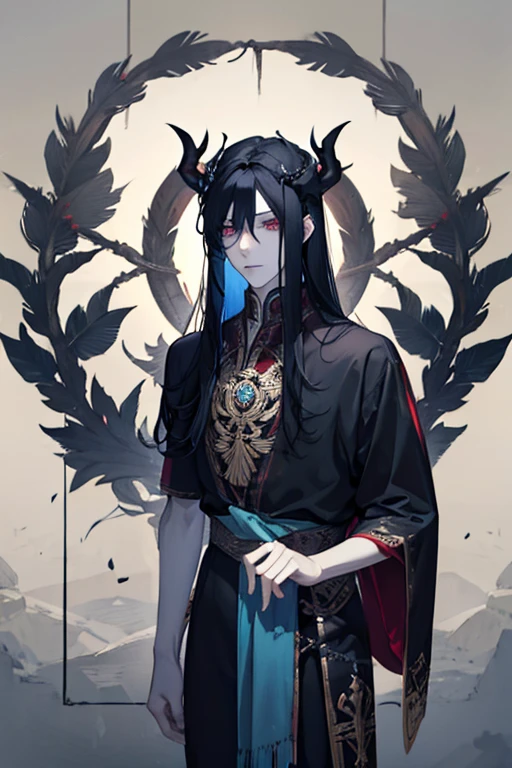 Male focus, elf, war, battlefield, torn clothes, sword, long black hair, red eyes, blood on white robe, serious and melancholic face, muscles in sight, cicatriszes in sight, tattoo in sight, standing, low-cut garments, pose of superiority, detailed body, detailed face, royalty, crown, surrounded by monsters, prince, goth, gothic style, dark, bloody