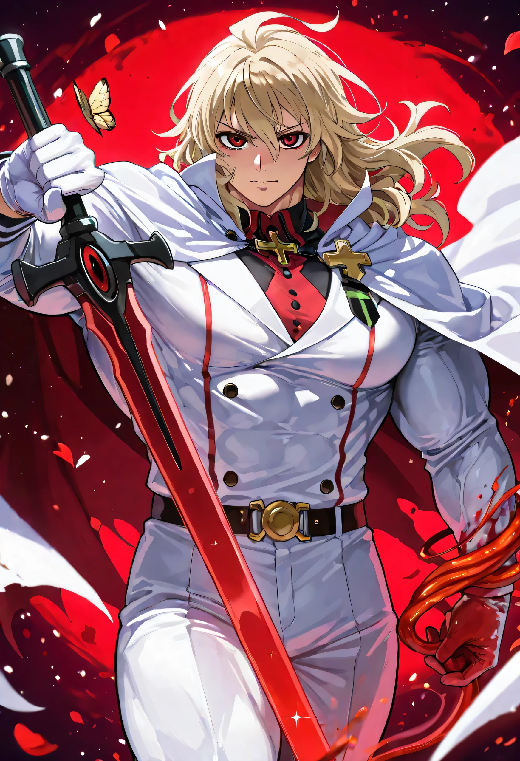 ultra detailed, HDR, highres, absurdres, masterpiece from, Mika Hyakuya , wavy blonde hair, expressive red eyes, white cape, Owari no seraph, white vampire clothes, red glittering butterflies, petals , fantasy, rote Rosen, sexy mann, very sexy mann, Alone, Alone, very sweet, extremely detailed face and eyes, handsome, glittering, white gloves, red background , red flames, cross, vampire, white clothing , white pants, a red swordfight, Those_Anime-Series, complex details, ( hypermusculose , muscular man , huge muscles, very muscular man , very sexy mann), V-neck, (red bloody tendrils, that wind around his sword hand), big muscles, huge musclesk, gigantic muscles ,enormous muscles ,thick forearms, huge pectorals