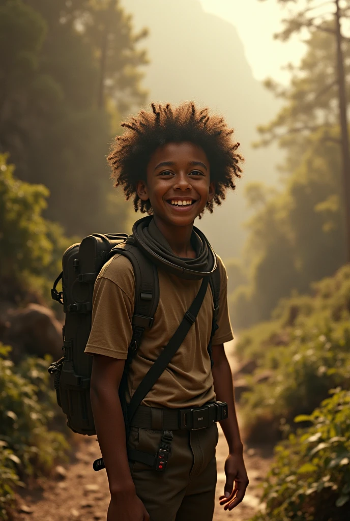 Photorealism 1.4 realistic realism high detailed definition Malaysian orang asli teen native aborigines wearing sleeveless black shirt short crossing river with backpack river with smile Face dark skin curly short hair