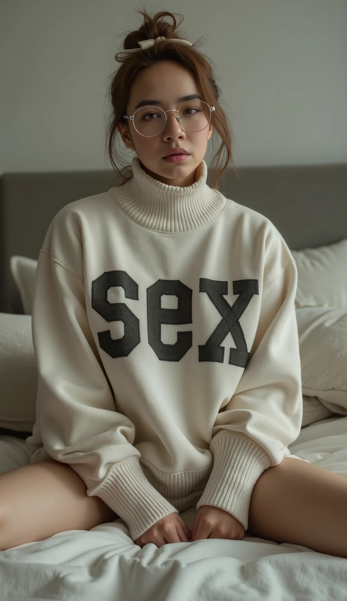 A girl in baggy turtle neck sweater with rounded glasses, she has bun hair with ribbon. The turtle neck sweater has "sex" written on in. She is kneeling on a bed