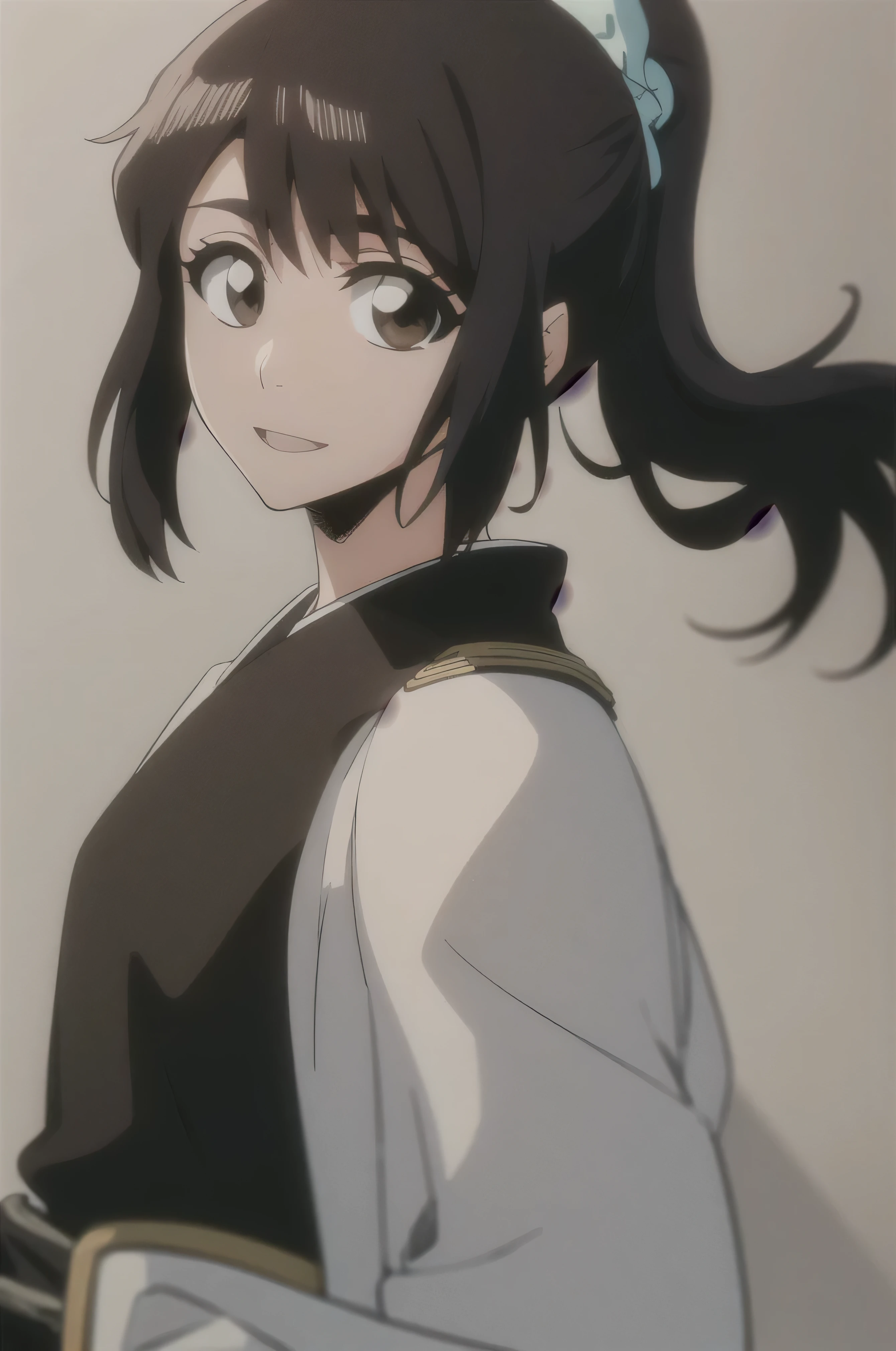 masterpiece, top quality ,
1 girl from the side , romantic love , black hair, single , ponytail, Vancouver, brown eyes,
Hair bangs,
kimono, white sleeveless coat ,Captain's coat without white sleeves, black kimono ,
smile, alone, I'm looking for , simple background , white background
